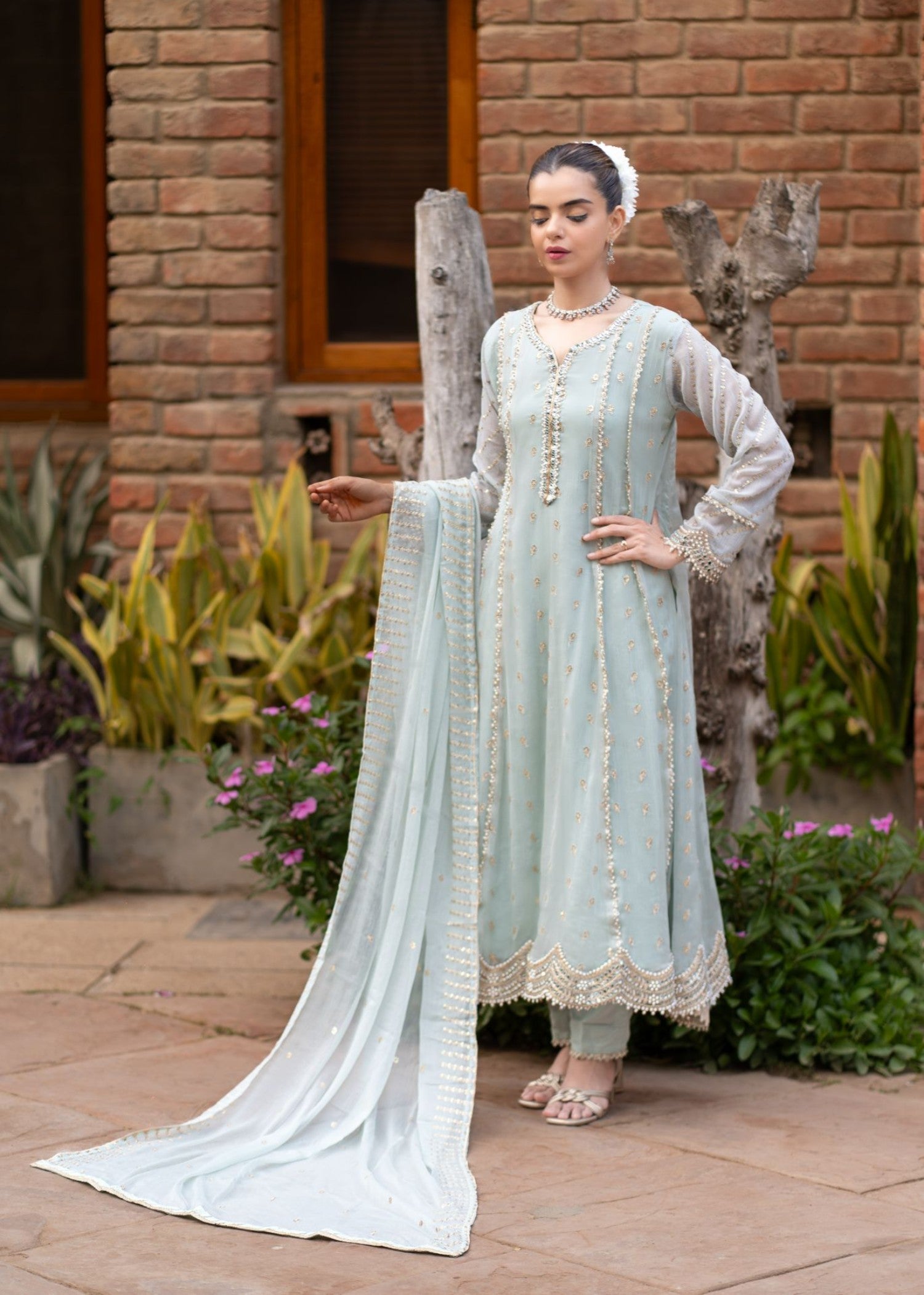 chiffon Pishwas in Powder blue