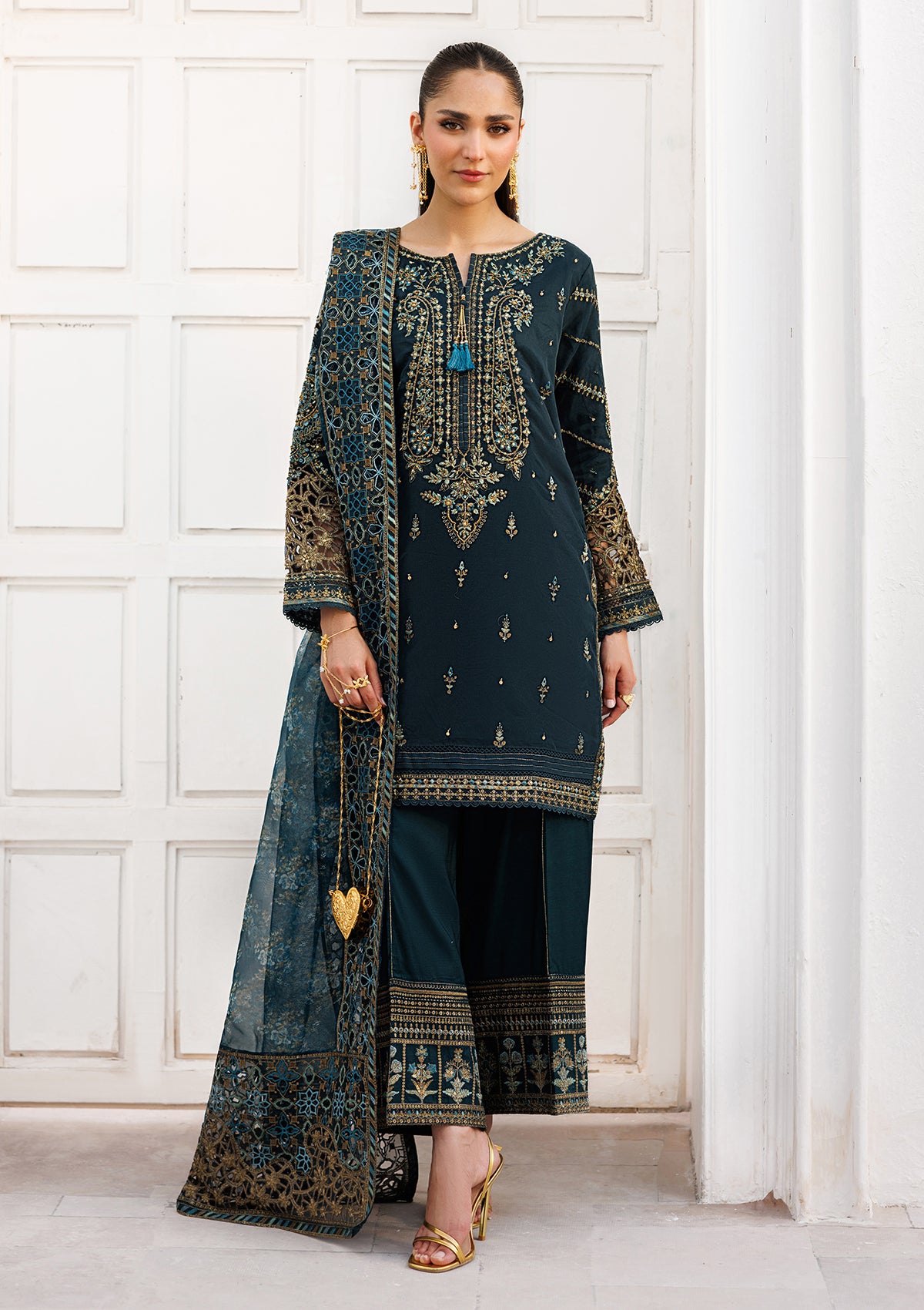 organza Kurta Set in Pine green