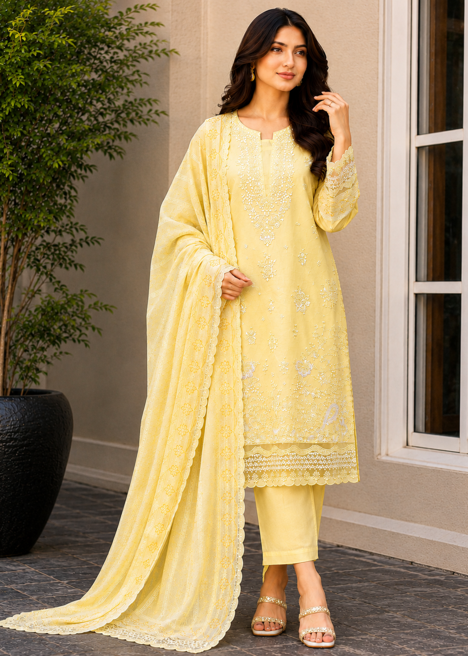lawn cotton Kurta Set in Lemon, butter