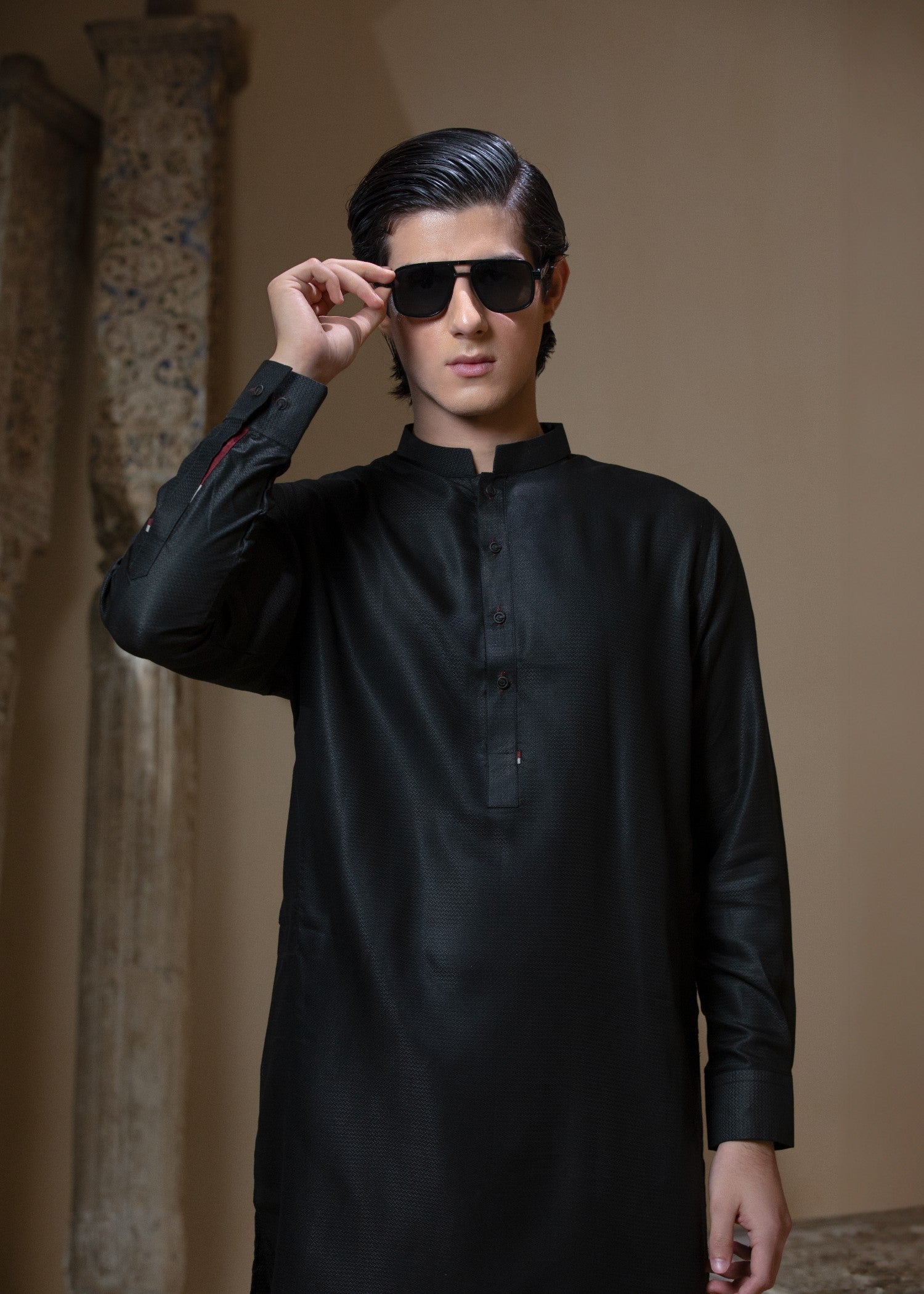 textured wash & wear Shalwar Kameez in Black