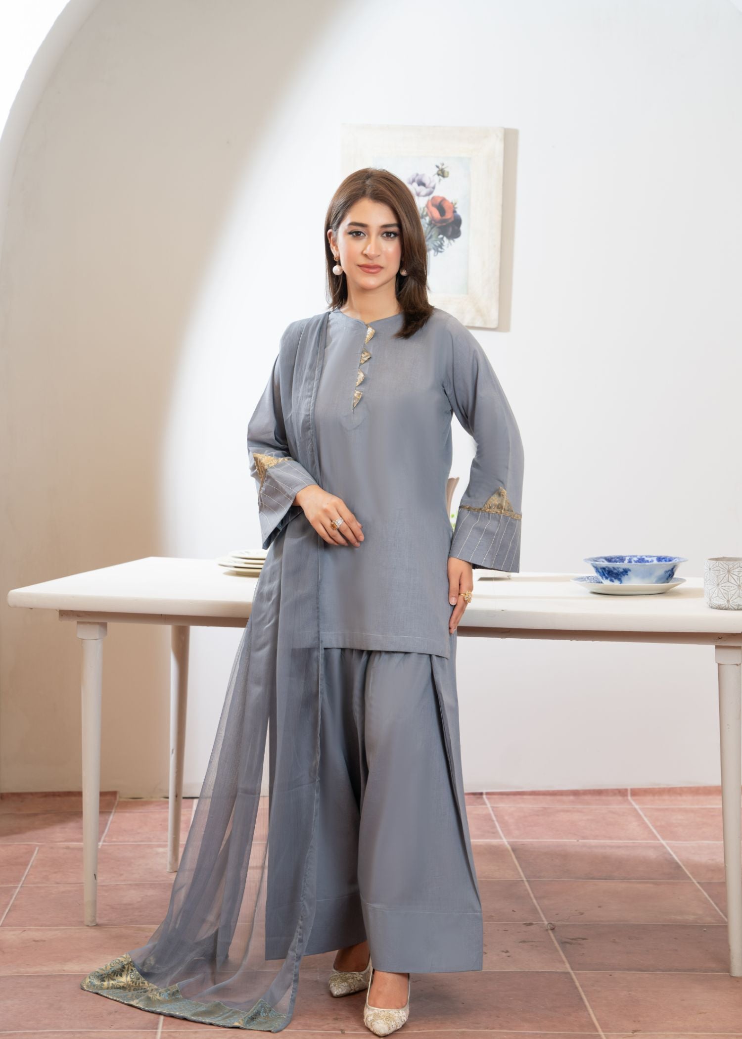 cotton Kurta Set in Slate grey