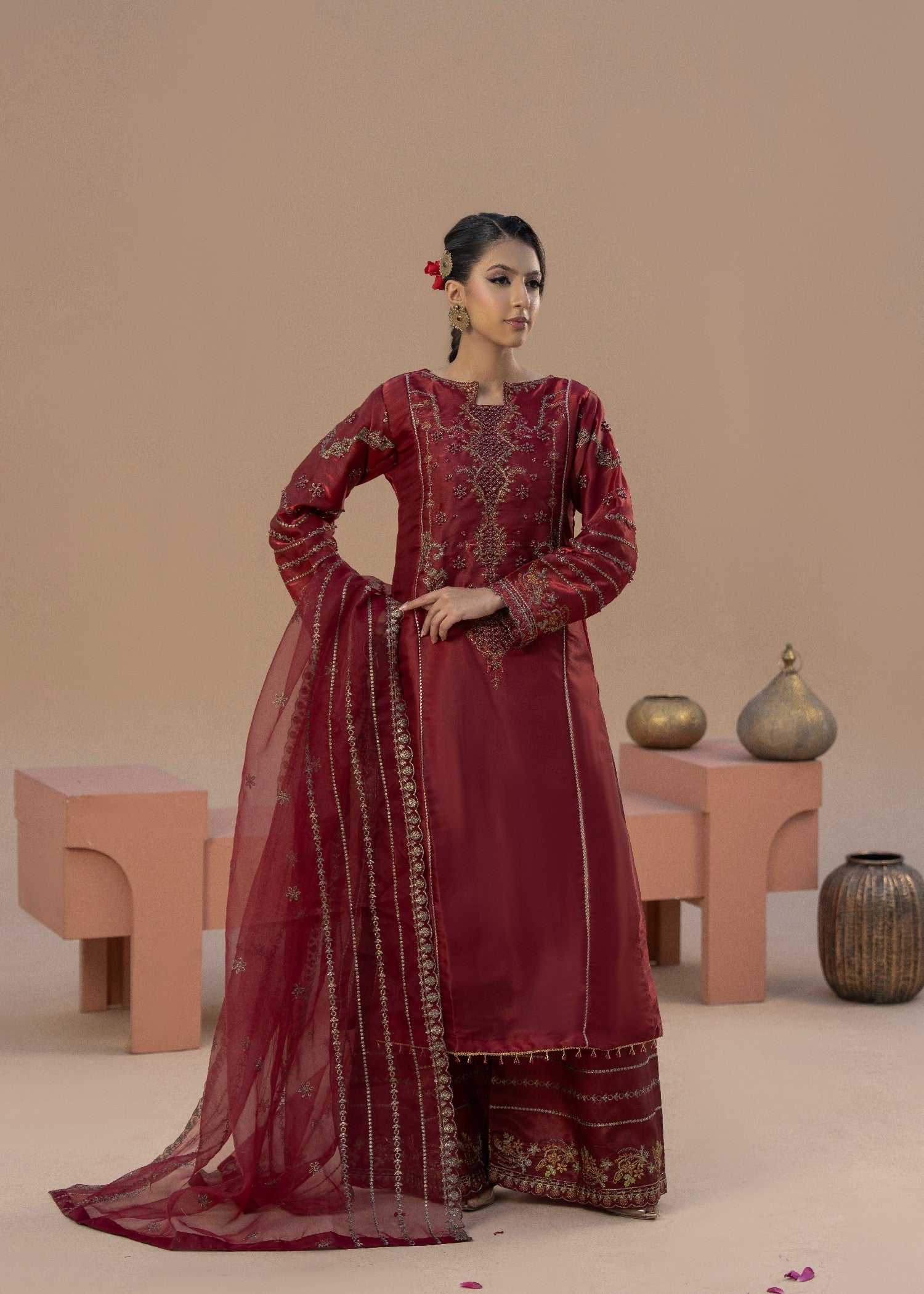 silk Kurta Set in Brick red