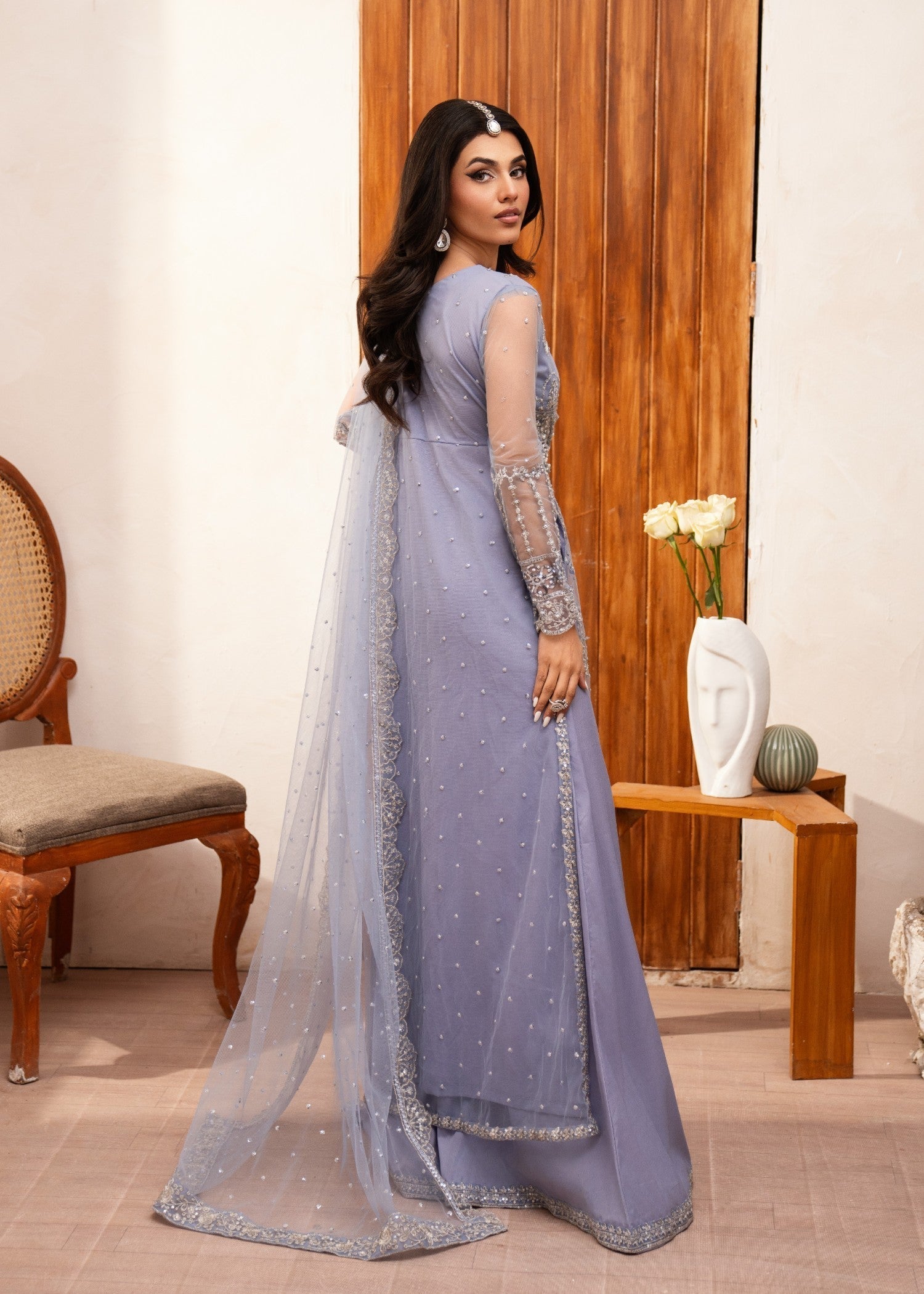 net Lehenga in Steal grey