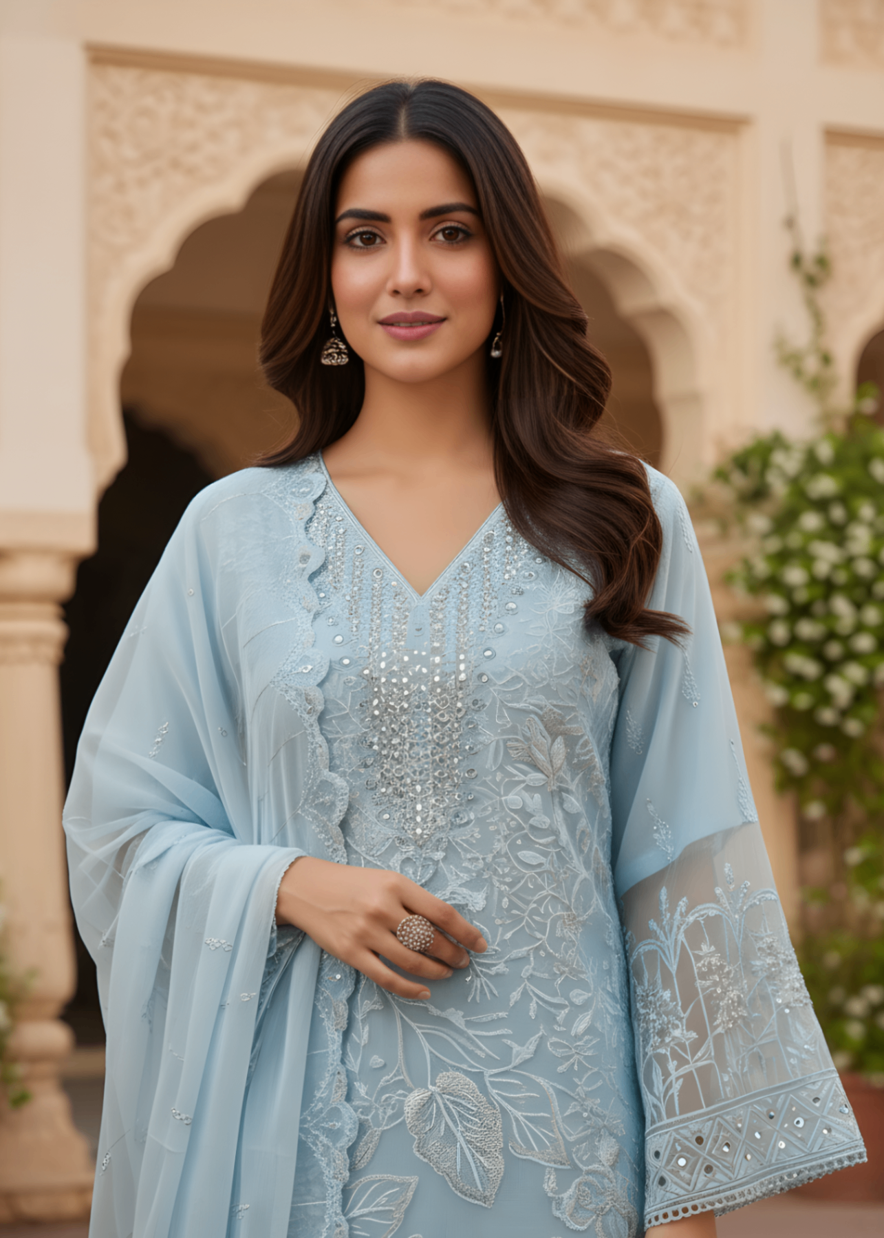 organza Kurta Set in Sky