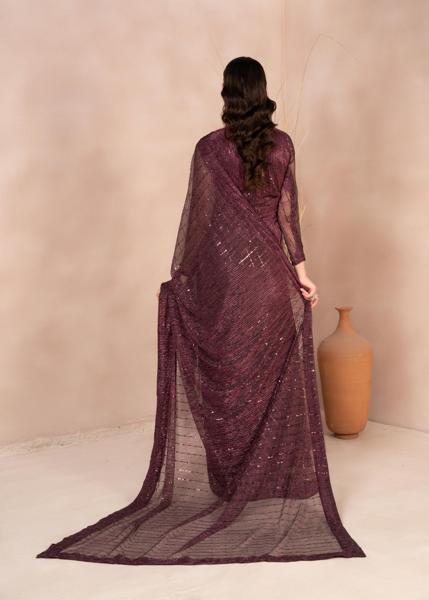 net Saree in Plum