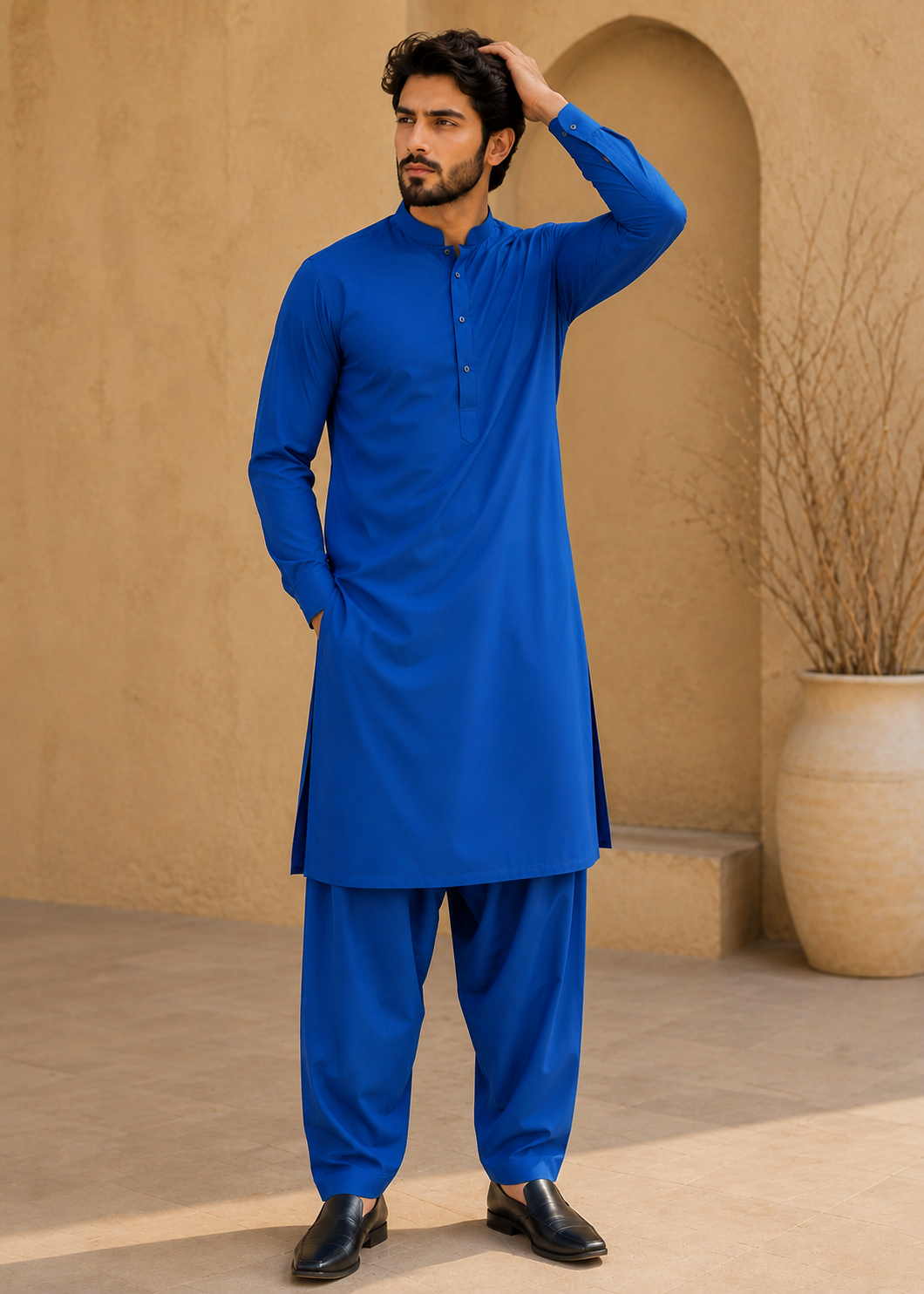 textured wash & wear Unstitched in Royal blue