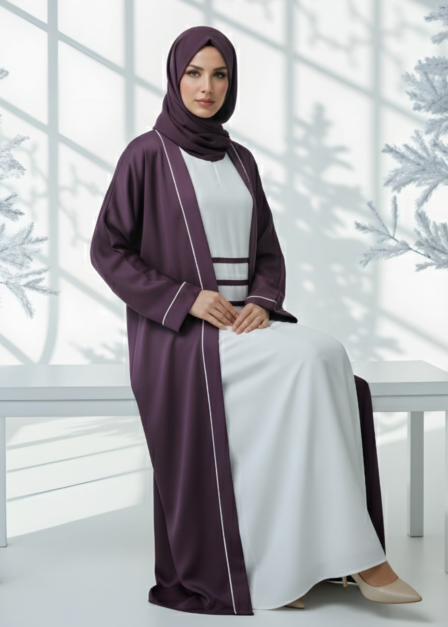 nidha blend Abaya in White, plum