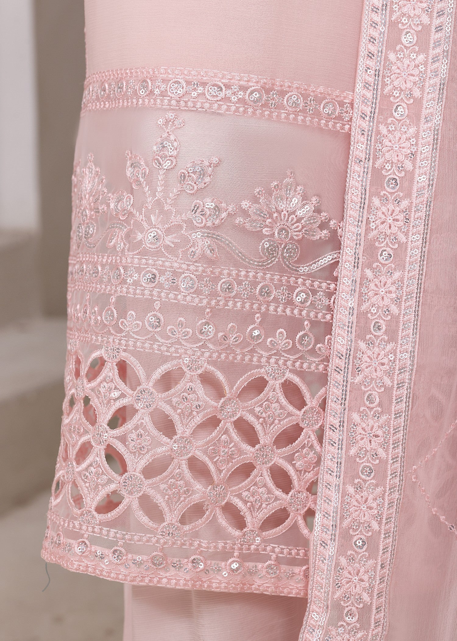 bemberg crinkle chiffon Kurta Set in Pale pink