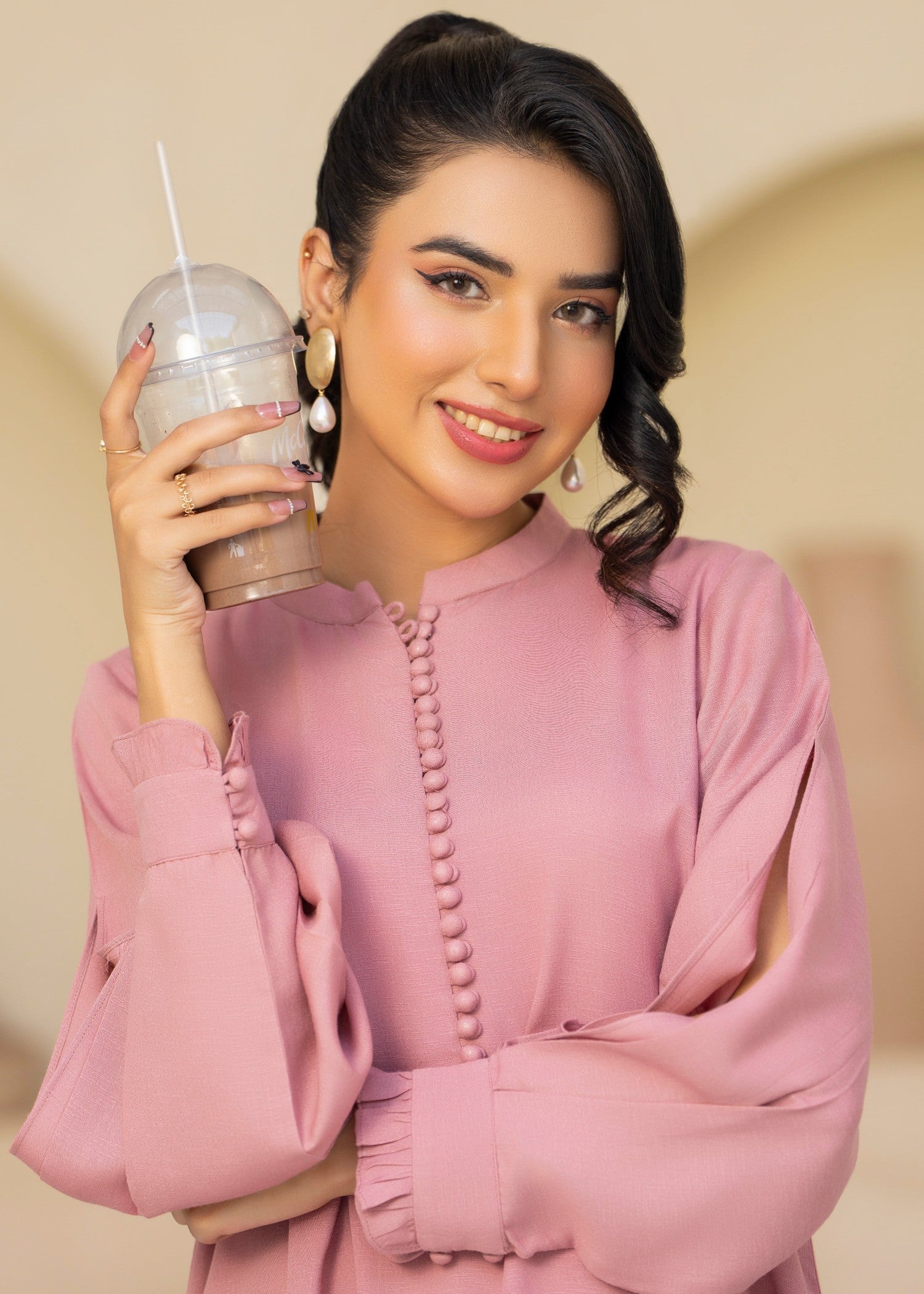 silk karandi Kurta Set in Tea rose pink