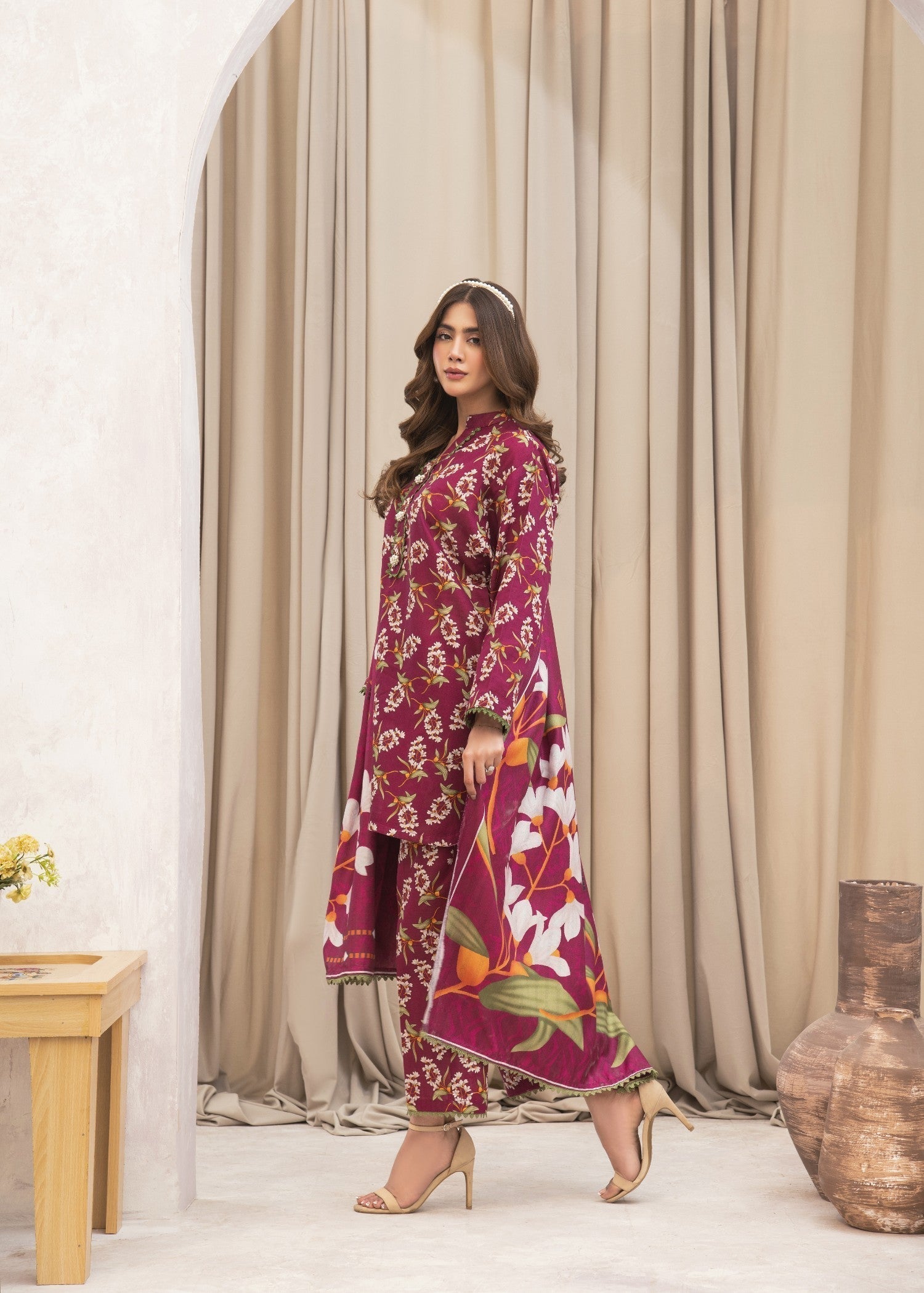 khaddar Kurta Set in Burgundy
