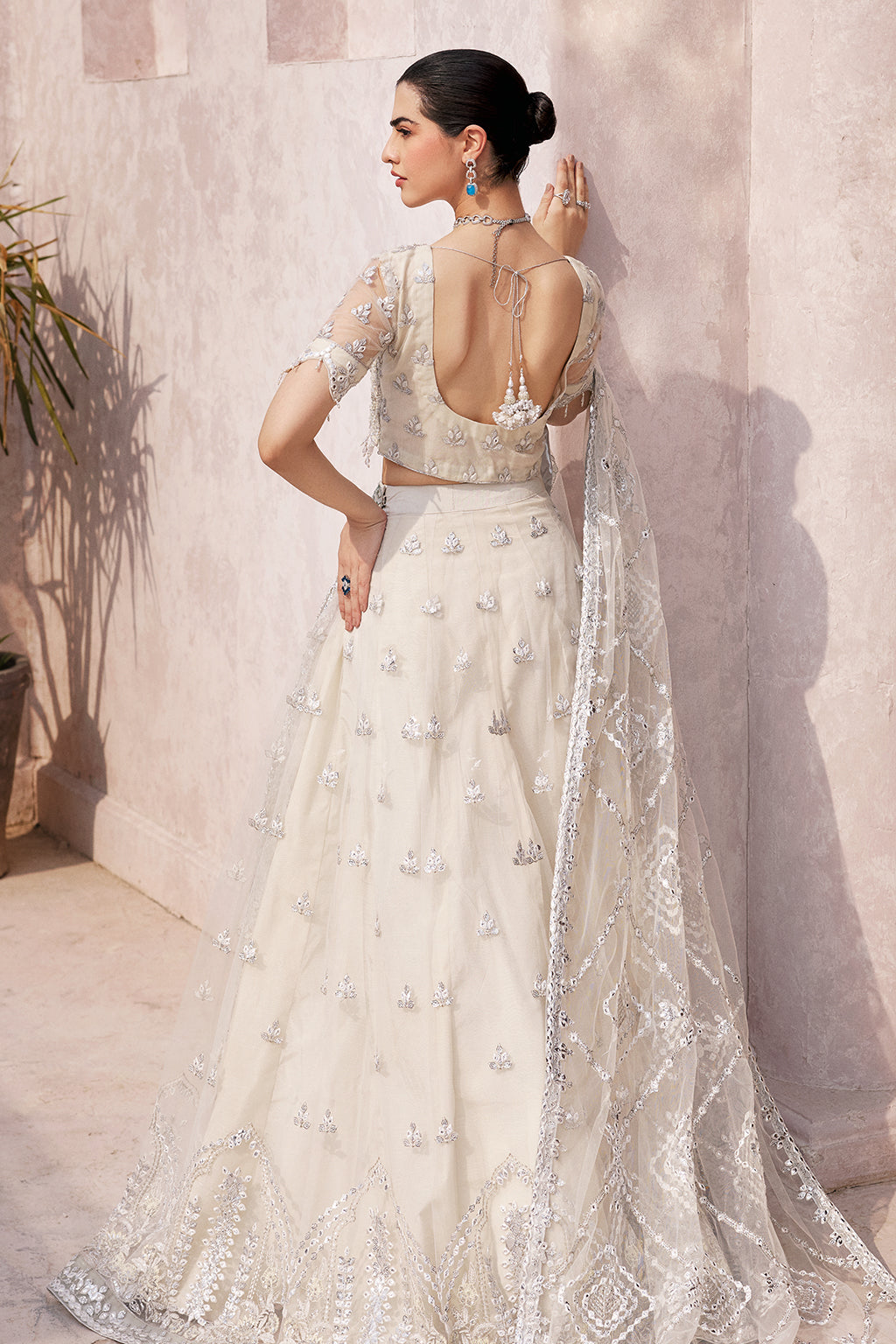 net Lehenga in Ivory