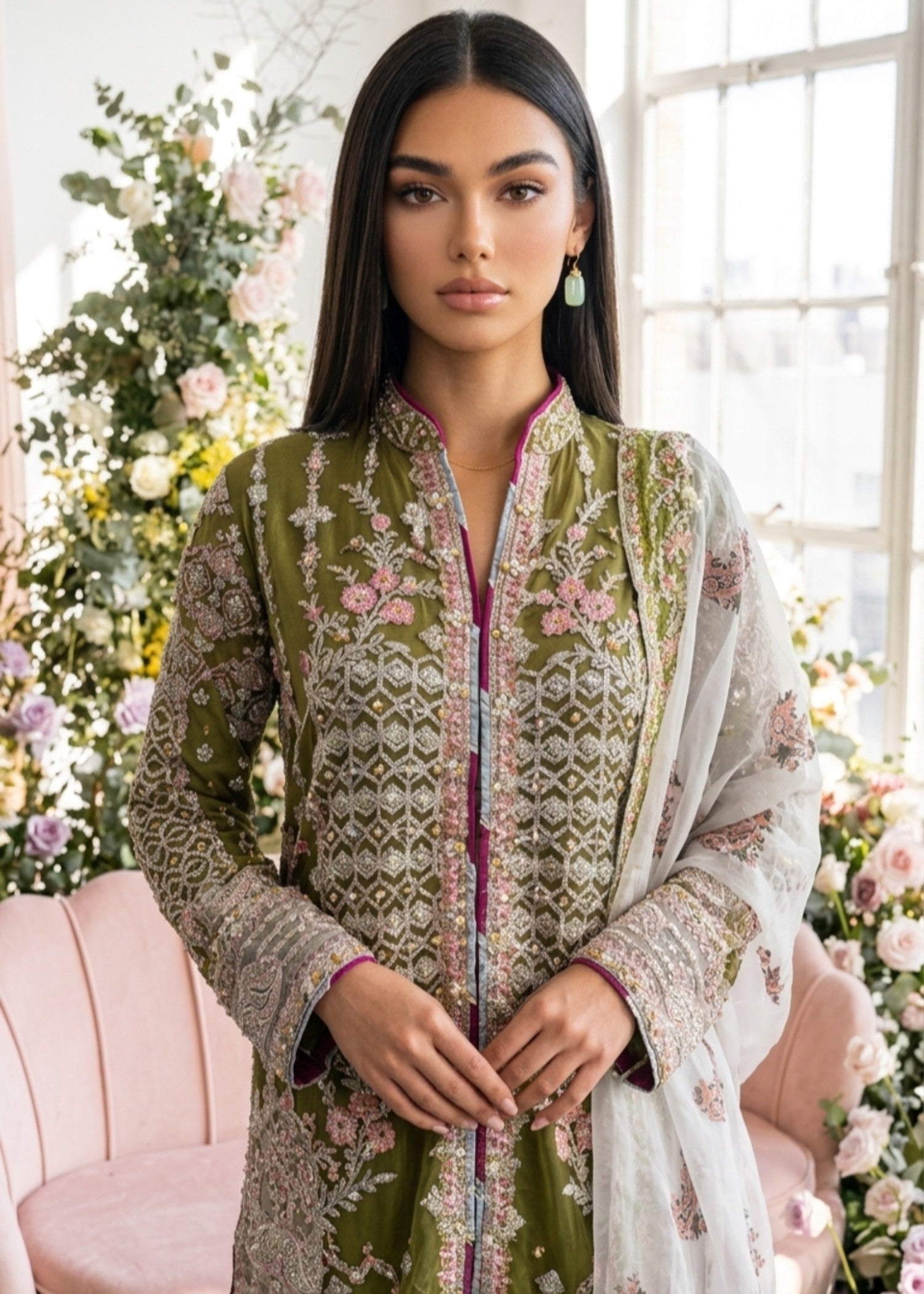 net Sharara in Avocado green