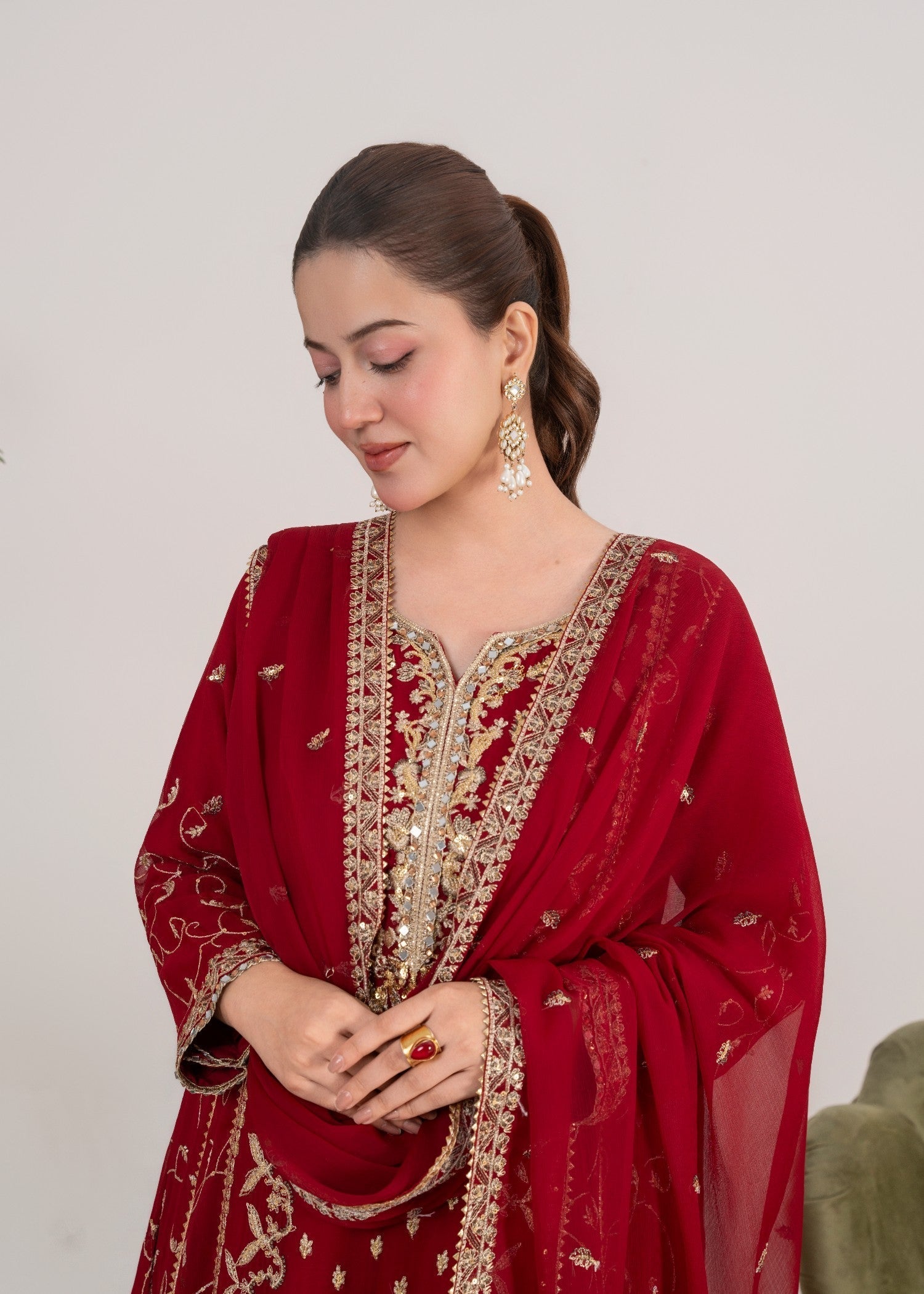 chiffon Pishwas in Rose red