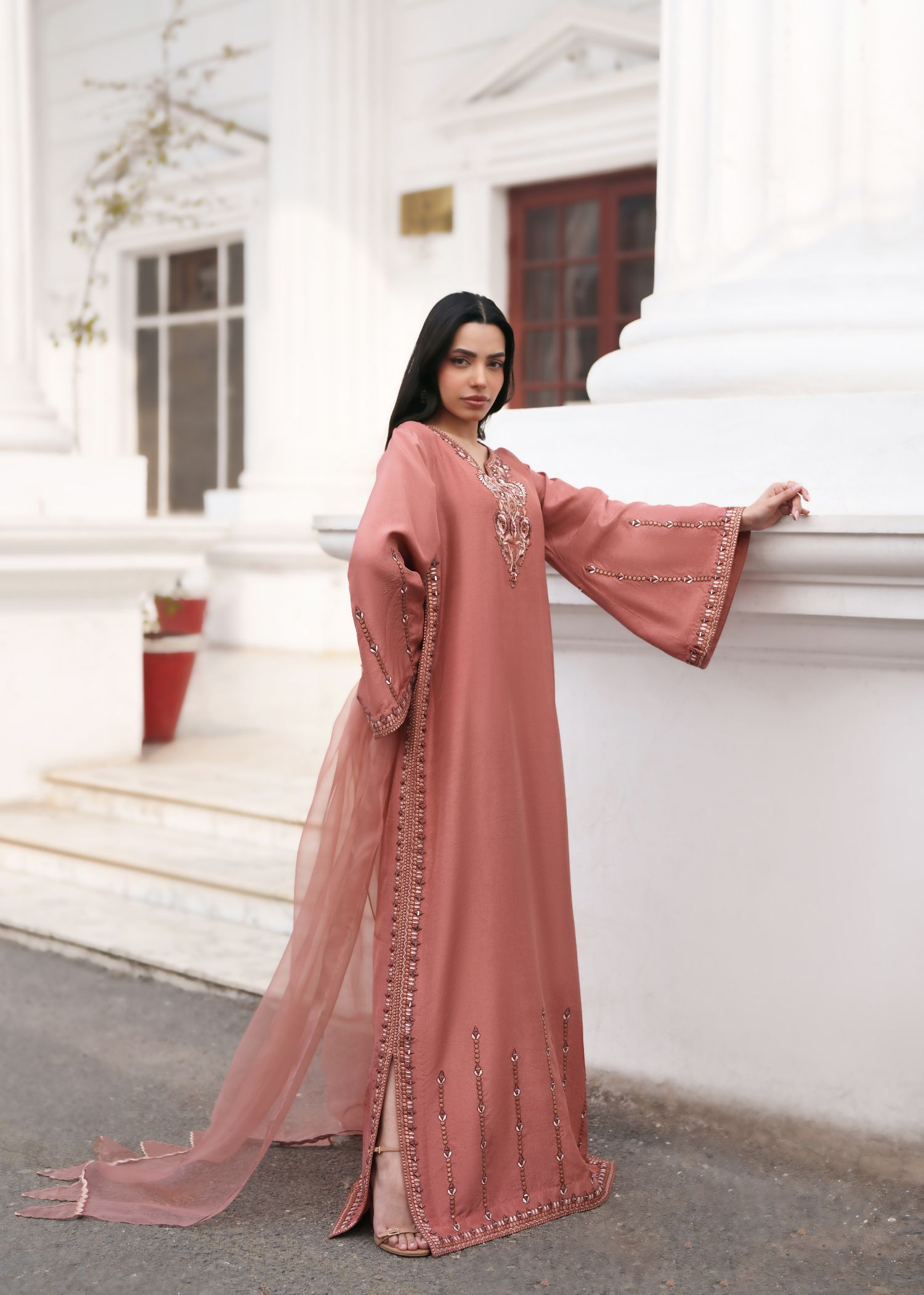tissue silk Kaftan in Peach pink