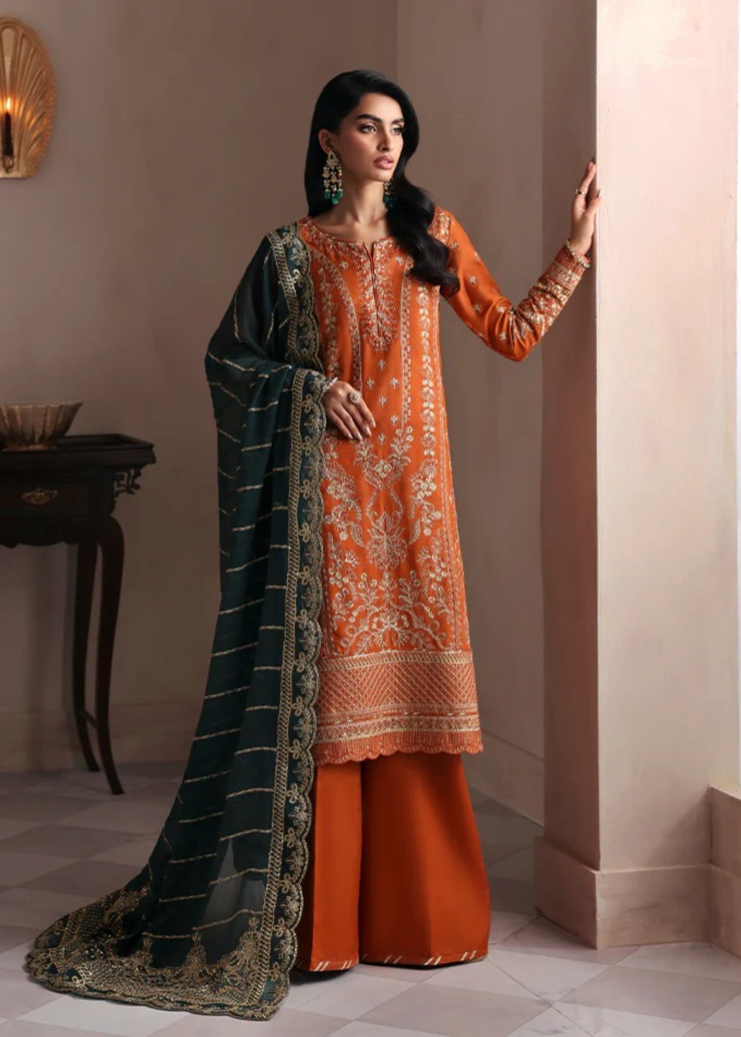 raw silk Sharara in Pumpkin orange