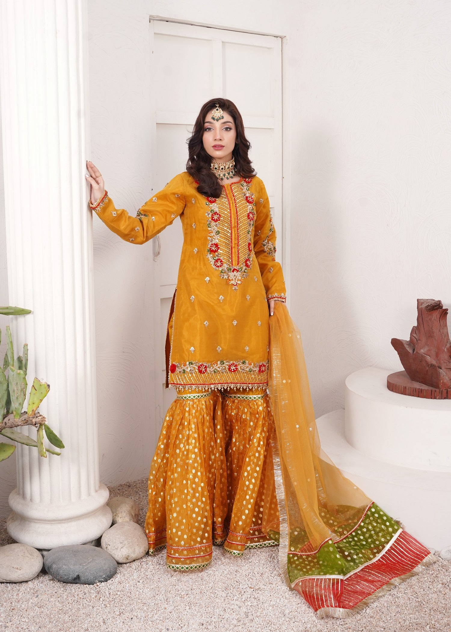 organza Gharara in Mustard