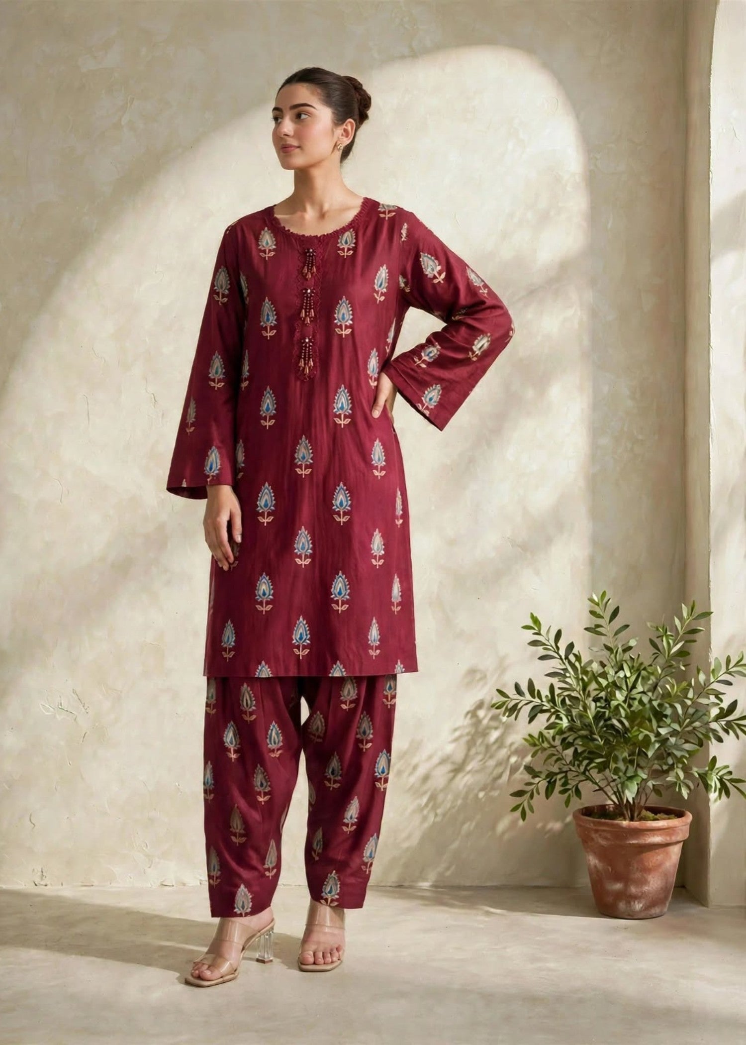 arabic lawn Co Ord Sets in Maroon