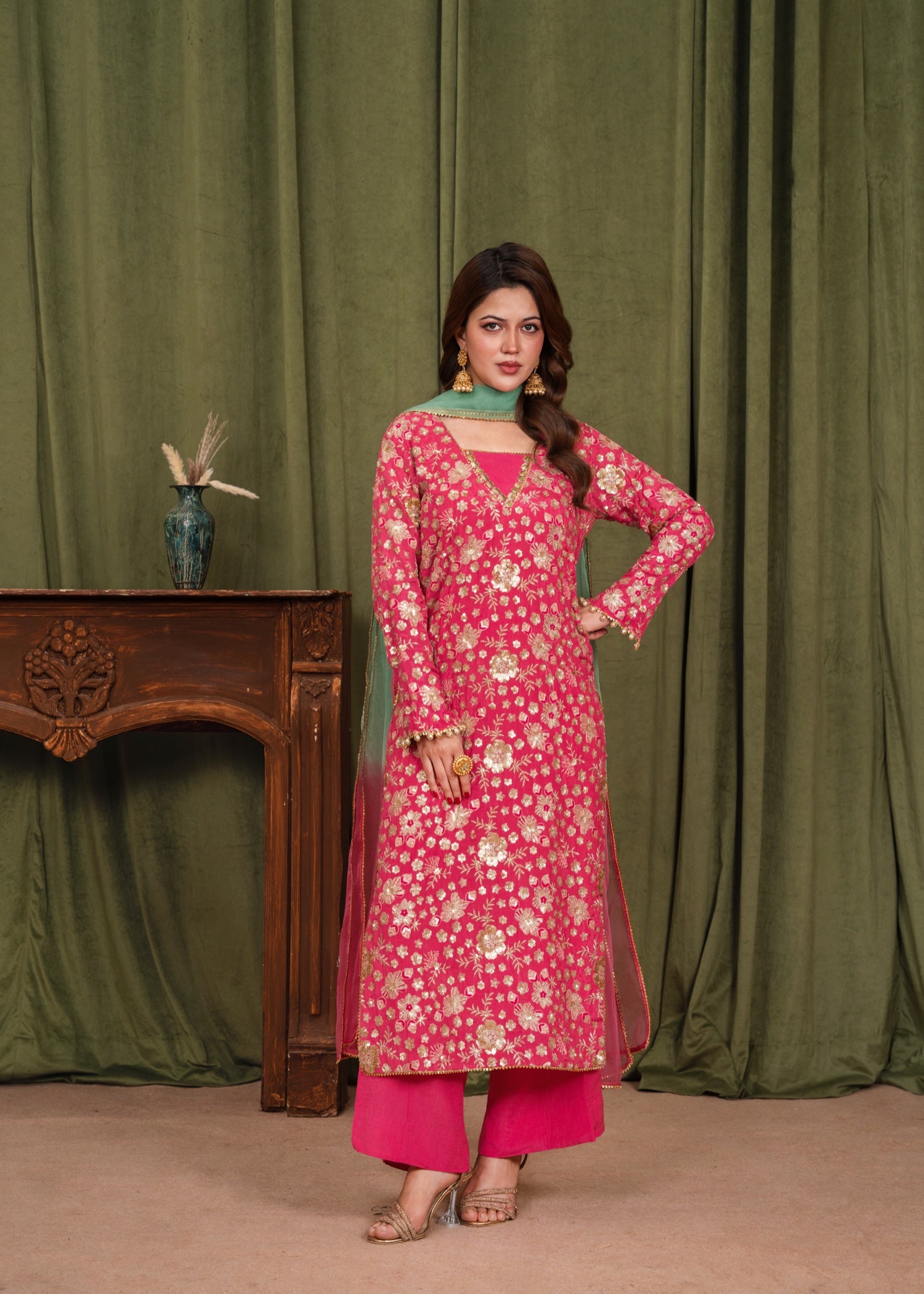 raw silk Kurta Set in Shocking pink