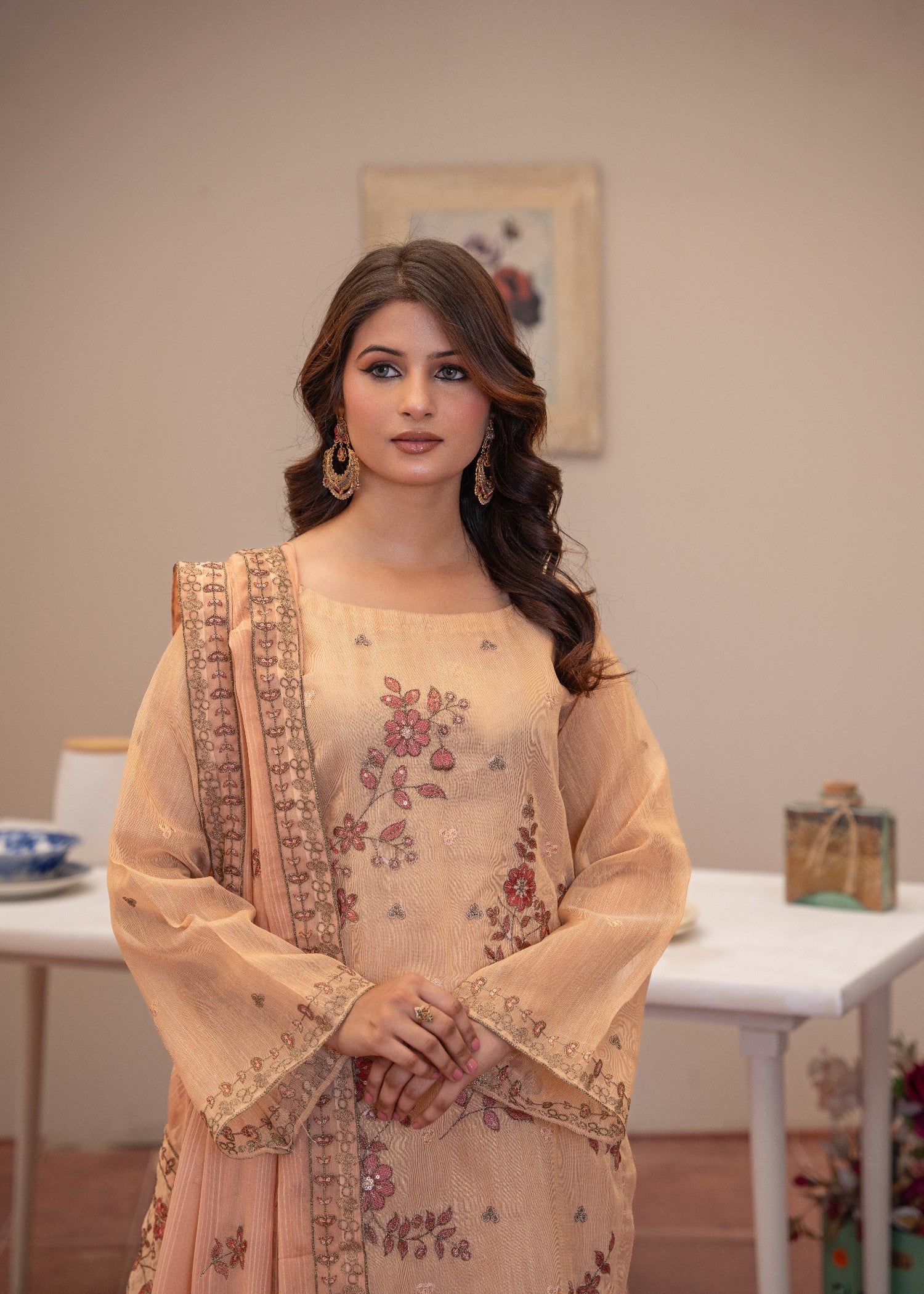 zari cotton Kurta Set in Peach orange