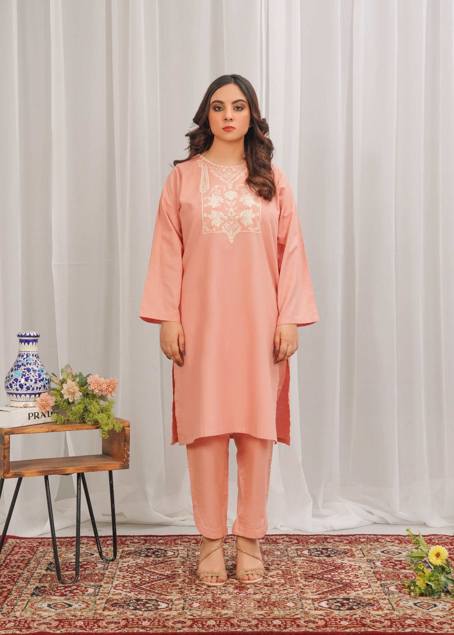cambric Kurta Set in Pink