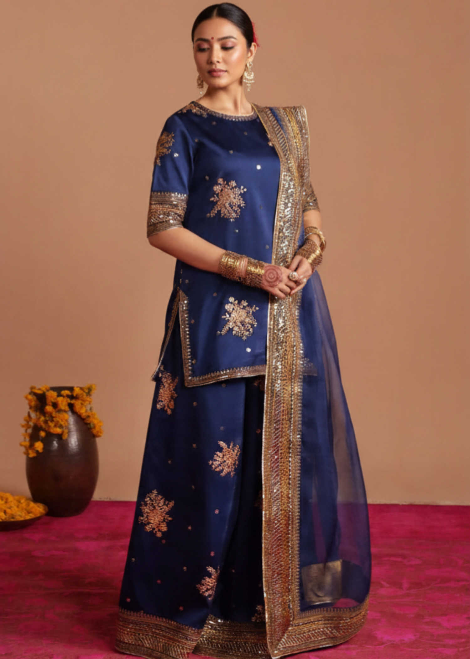 raw silk Kurta Set in Cobalt blue