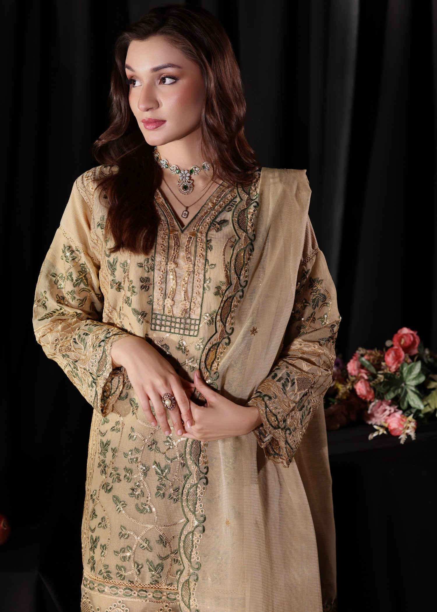 khaddi net Kurta Set in Khaki brown
