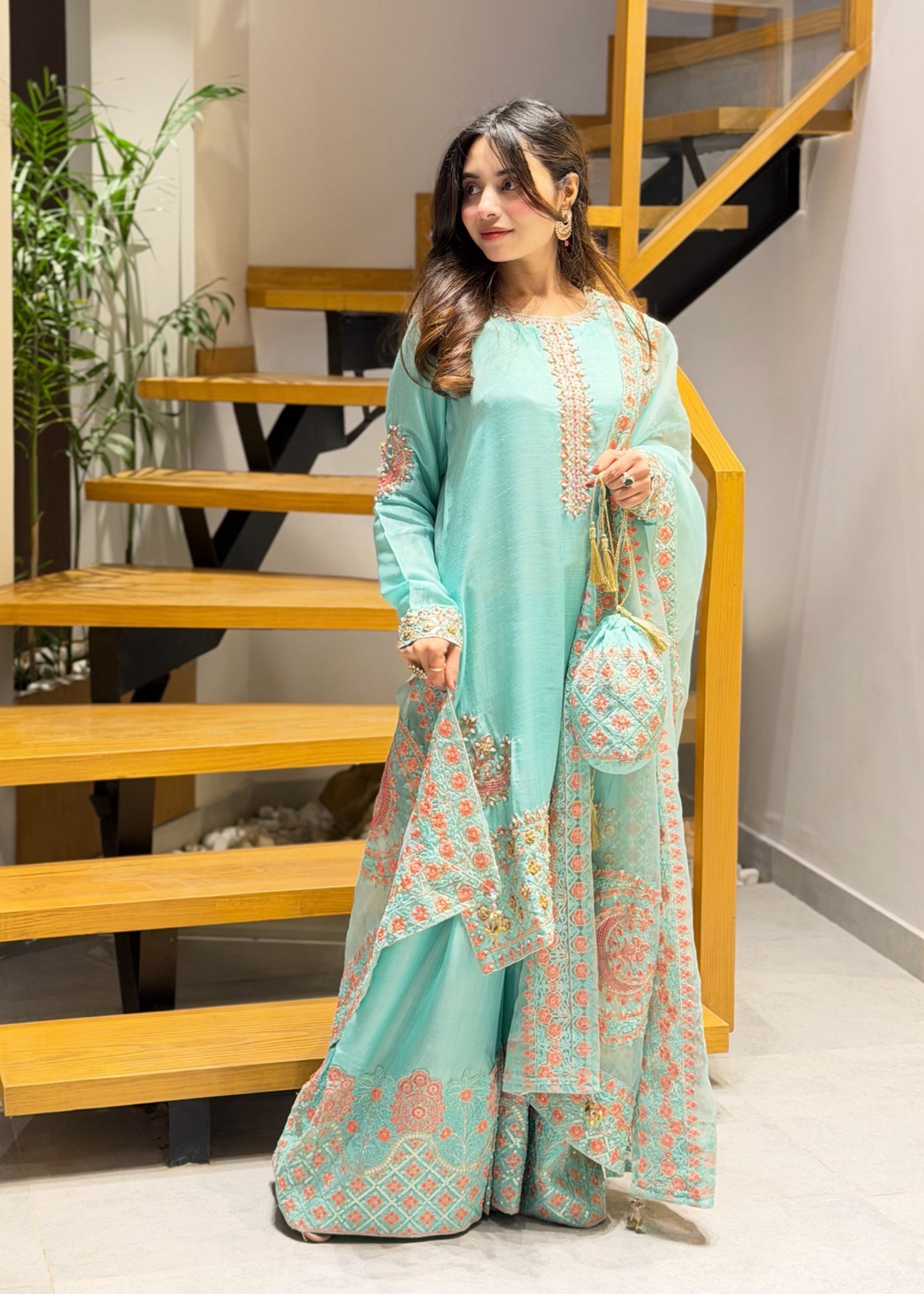 silk Kurta Set in Turquoise
