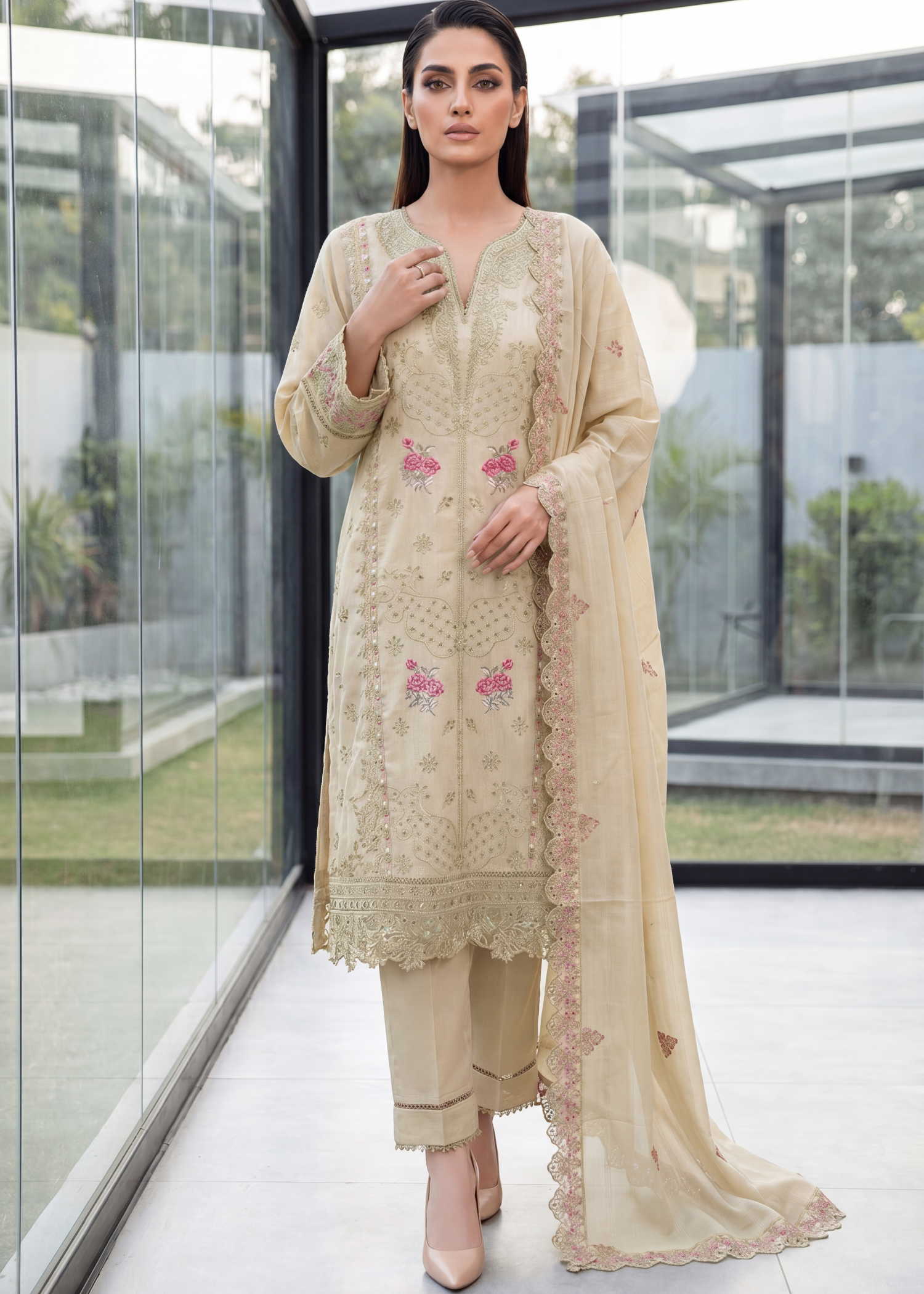 slub lawn Kurta Set in Tan brown
