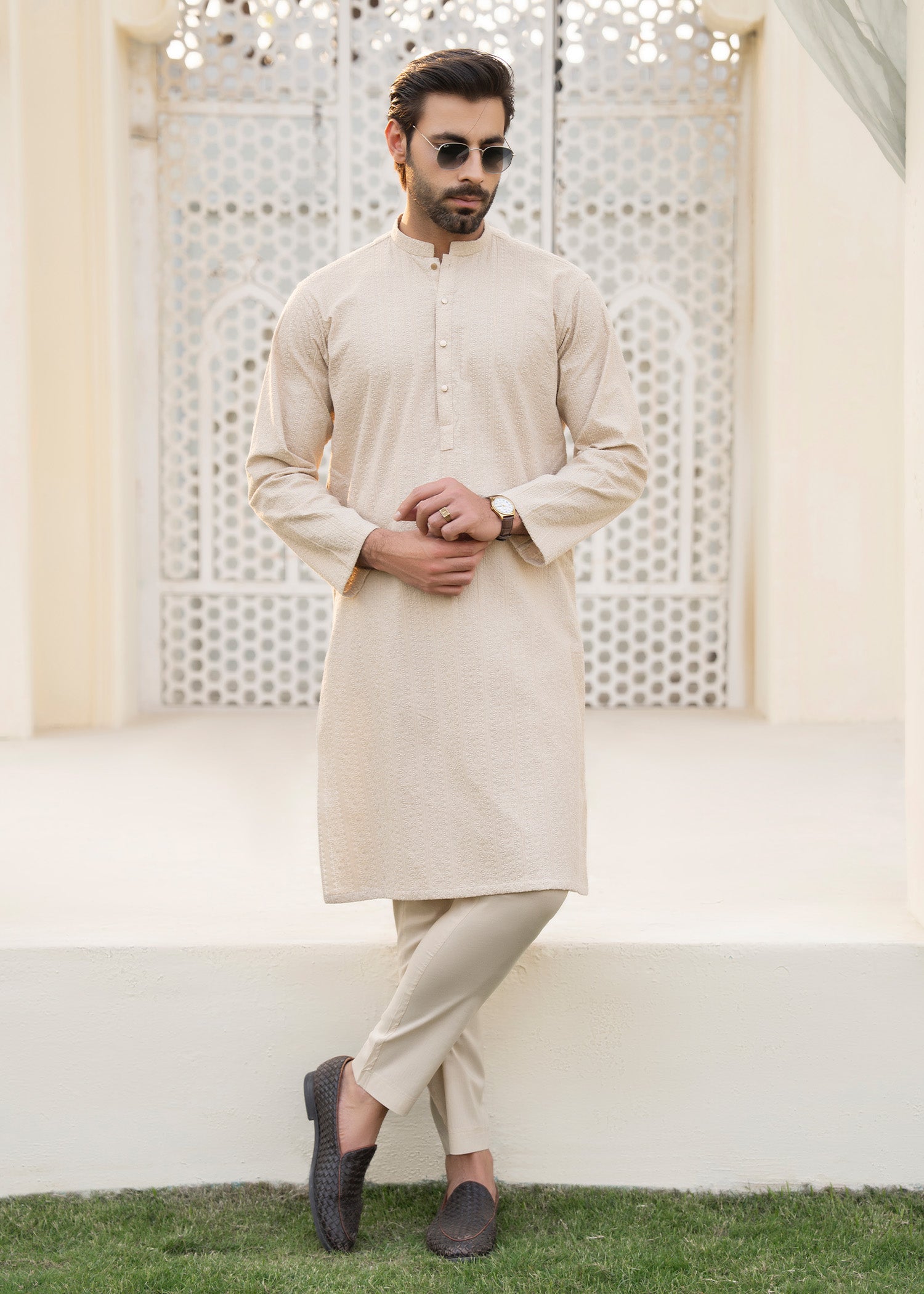 cotton Kurta Set in Beige by Buraq