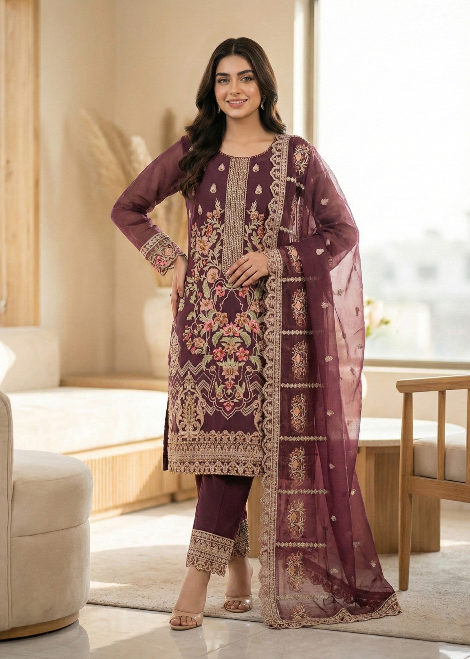 organza Kurta Set in Plum