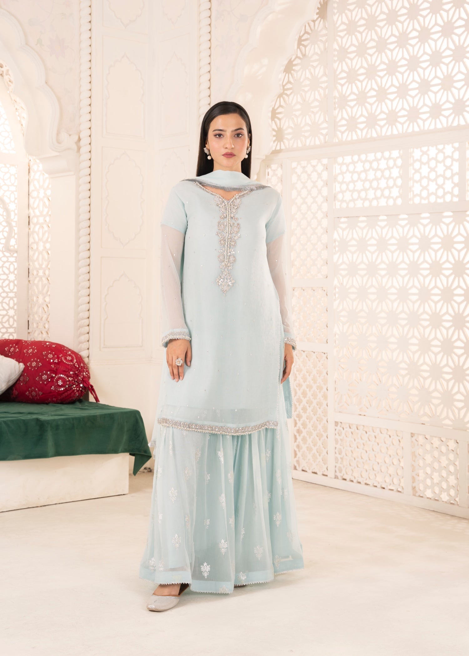 crinkle chiffon Sharara in Sky blue