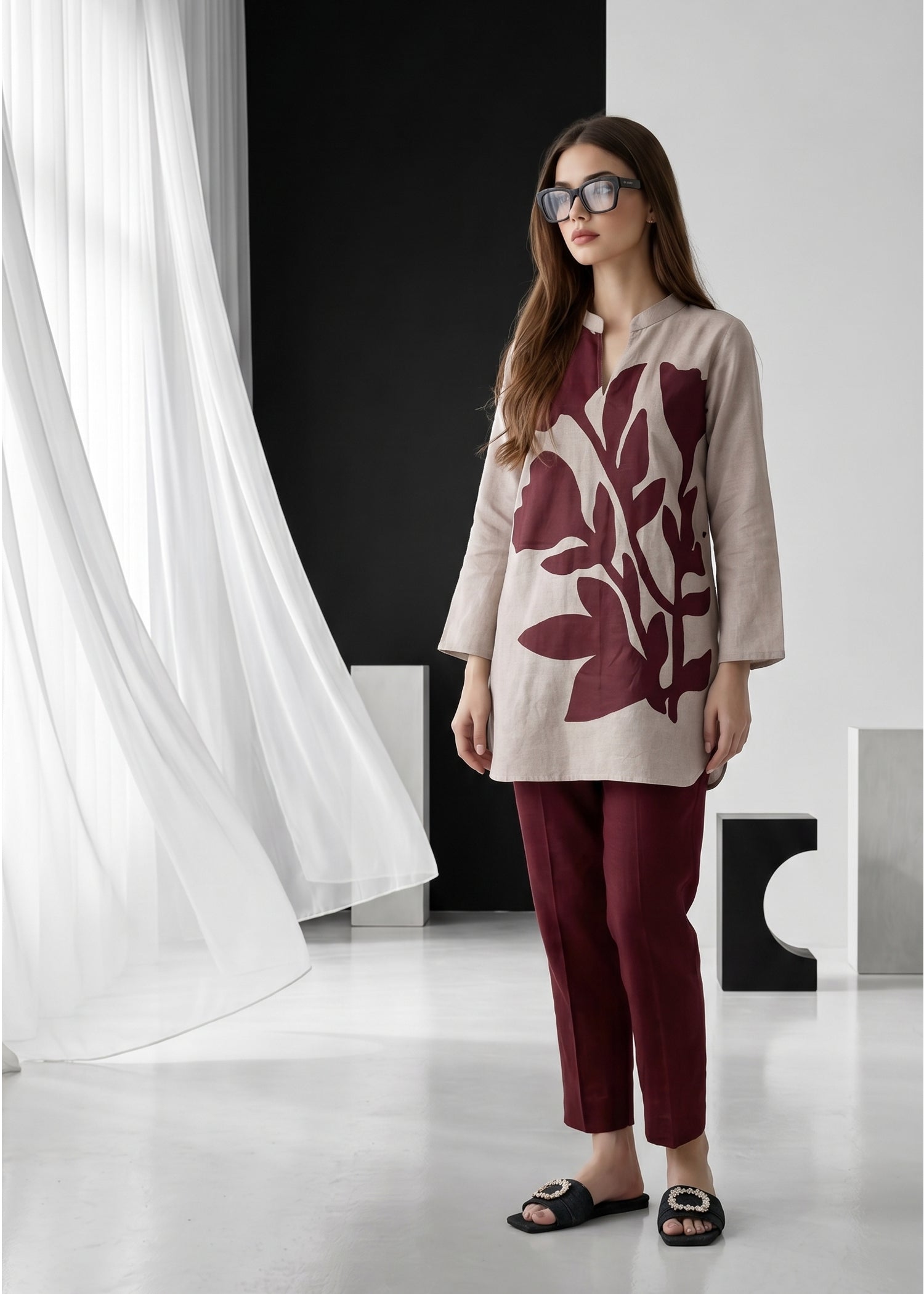slub lawn Kurta Set in Ash grey