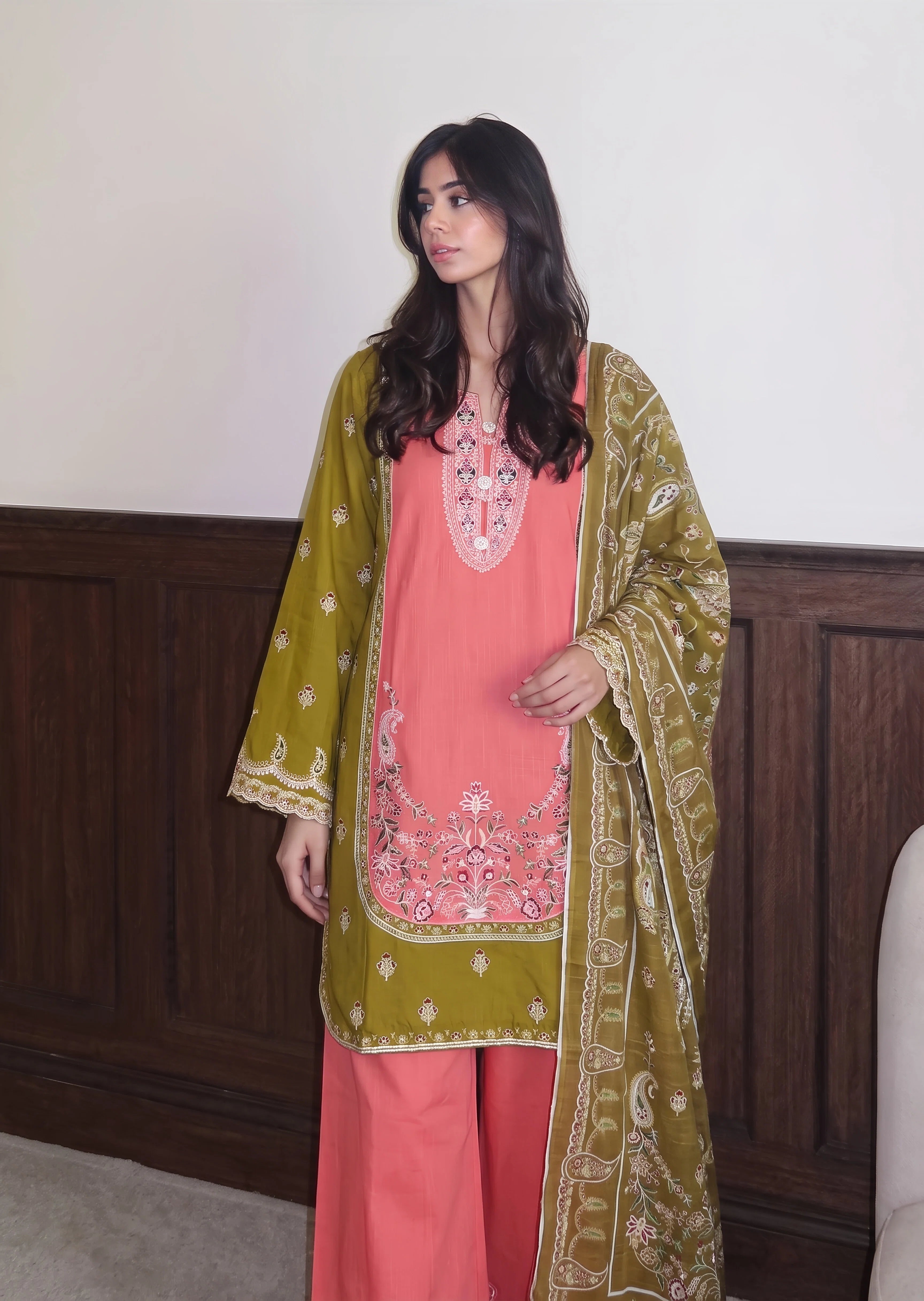 cotton linen Kurta Set in Saffron, taffy pink