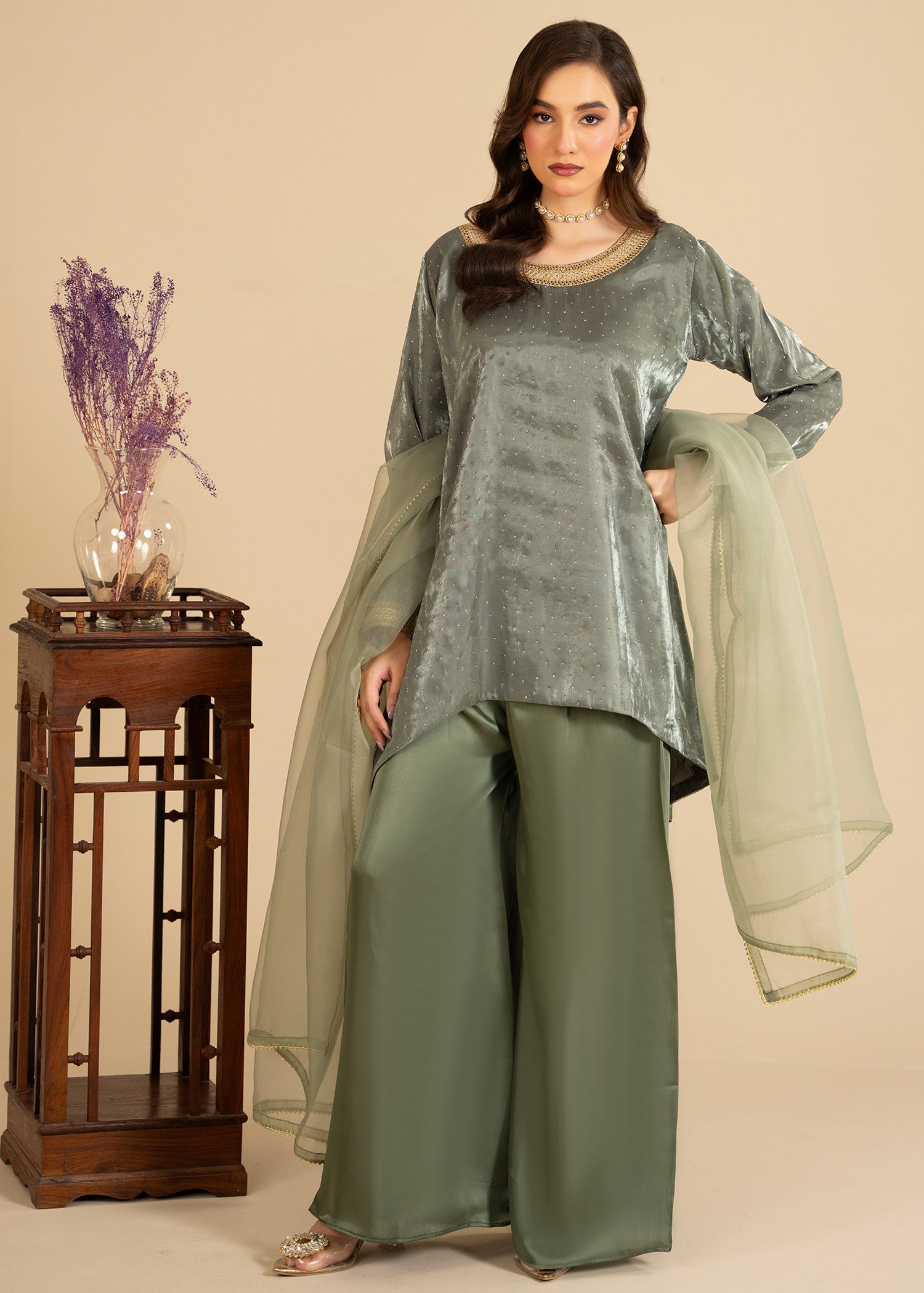 zari organza Short Frock in Moss green