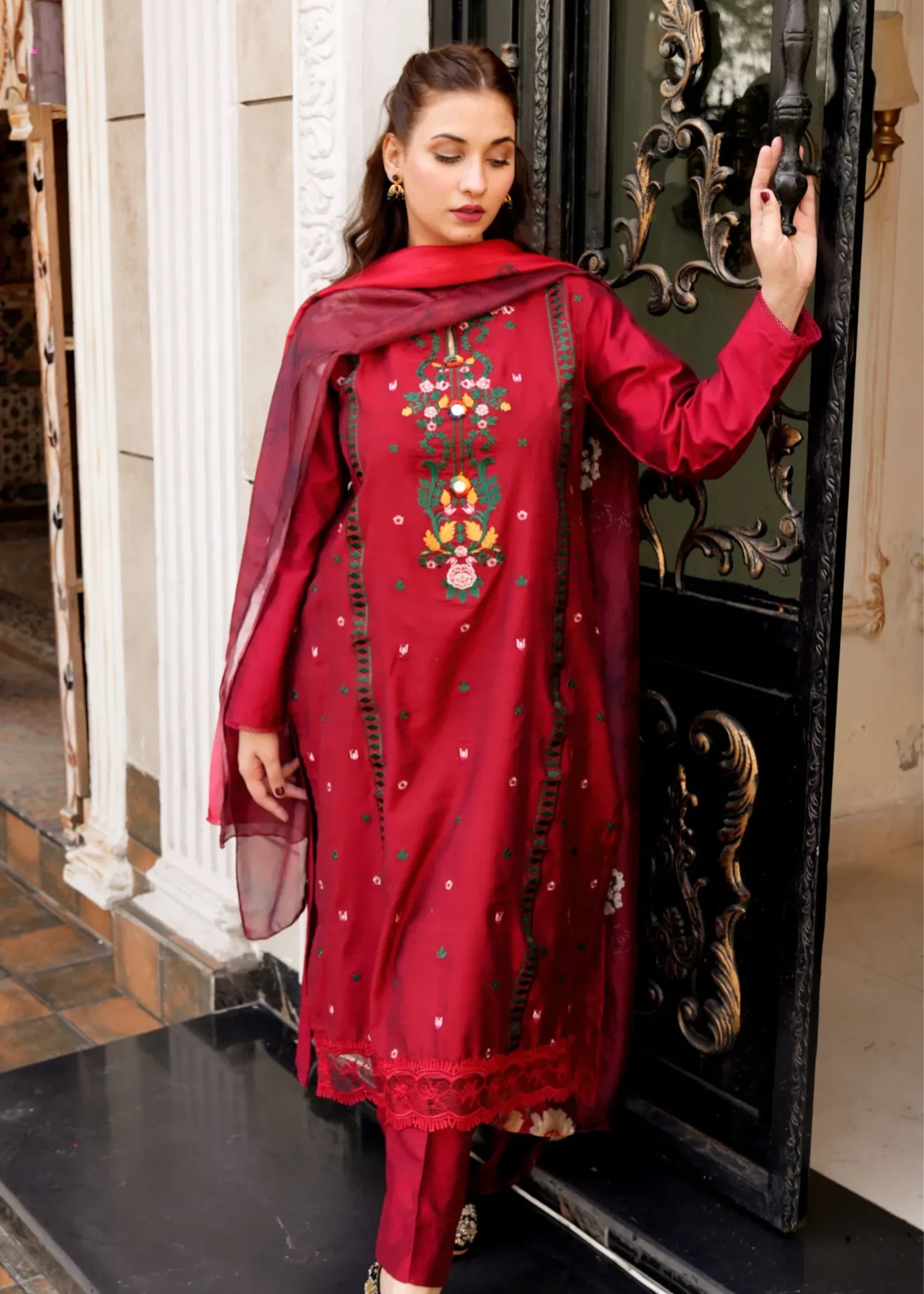 cotton silk Kurta Set in Blood red