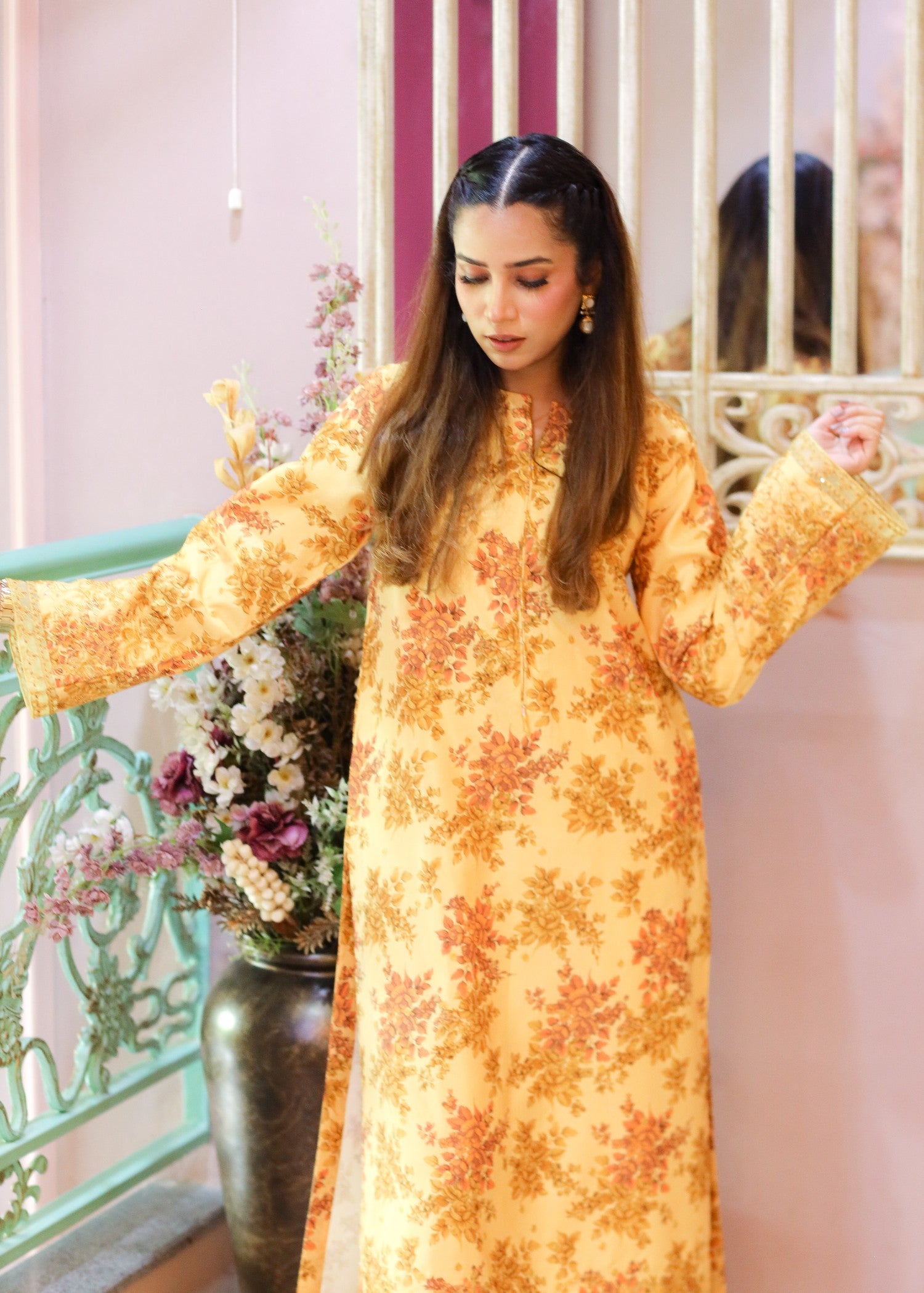 silk finish lawn Co Ord Sets in Mustard
