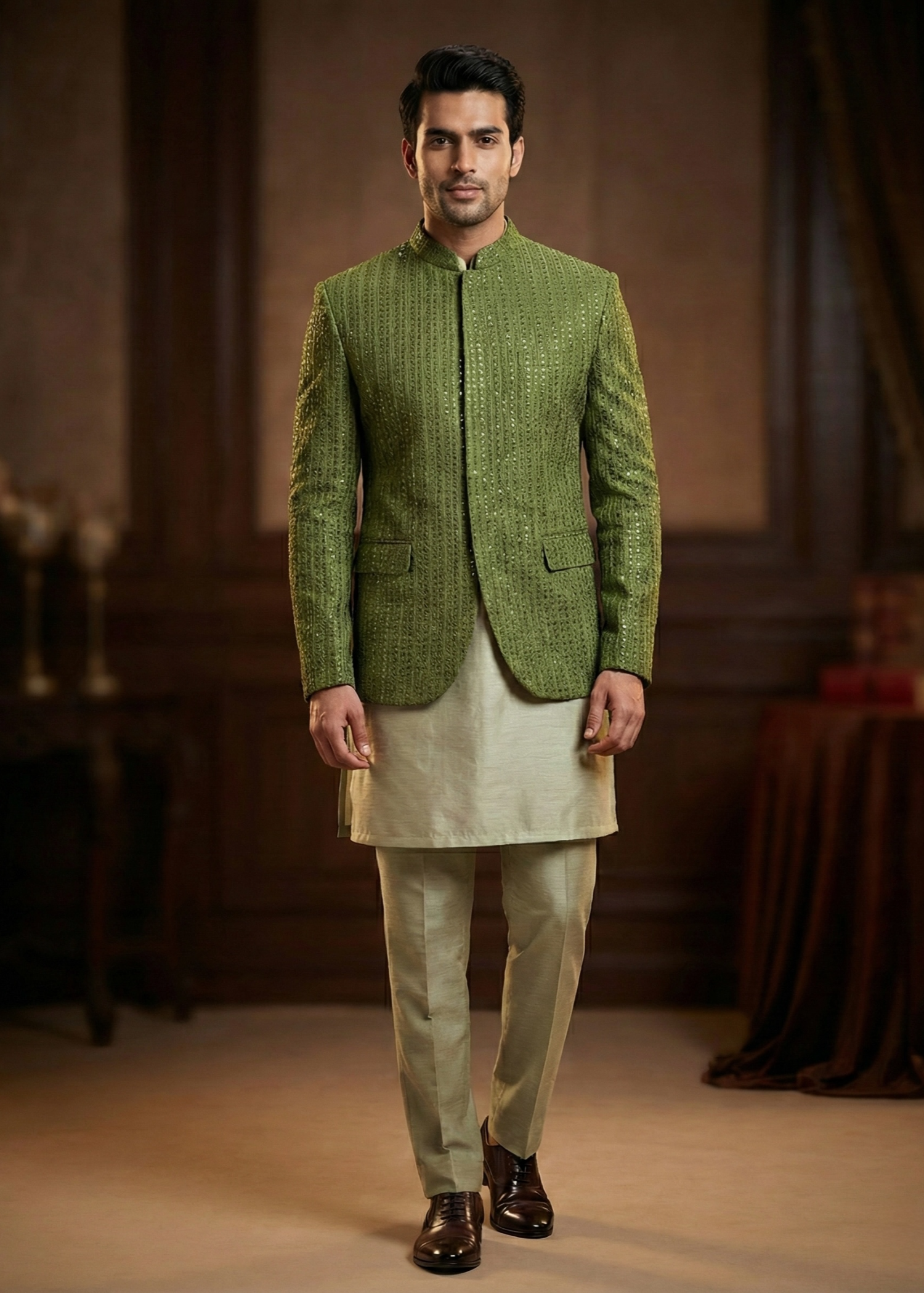 raw silk Prince Coat in Olive green