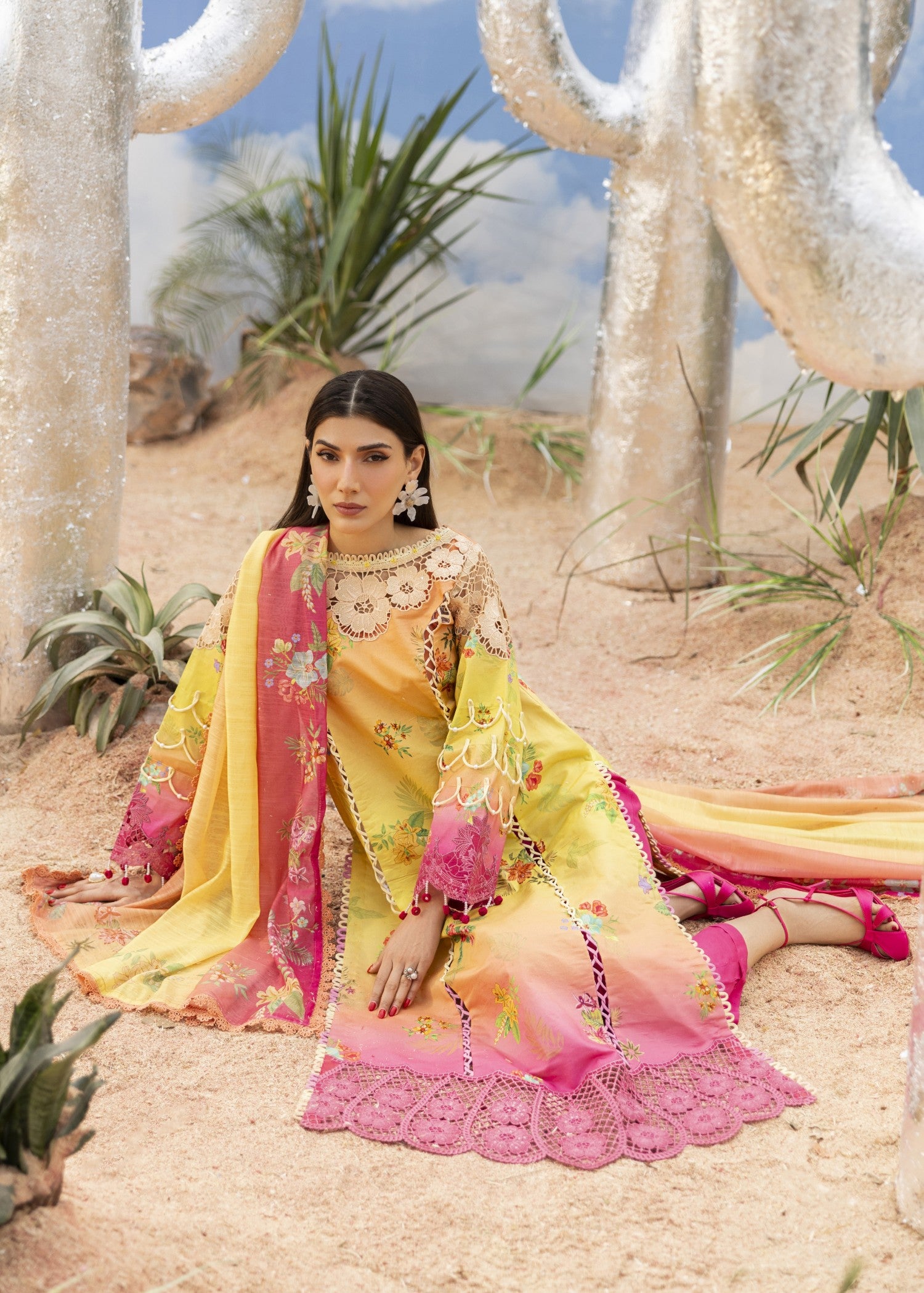 lawn Unstitched in Gold, shocking pink