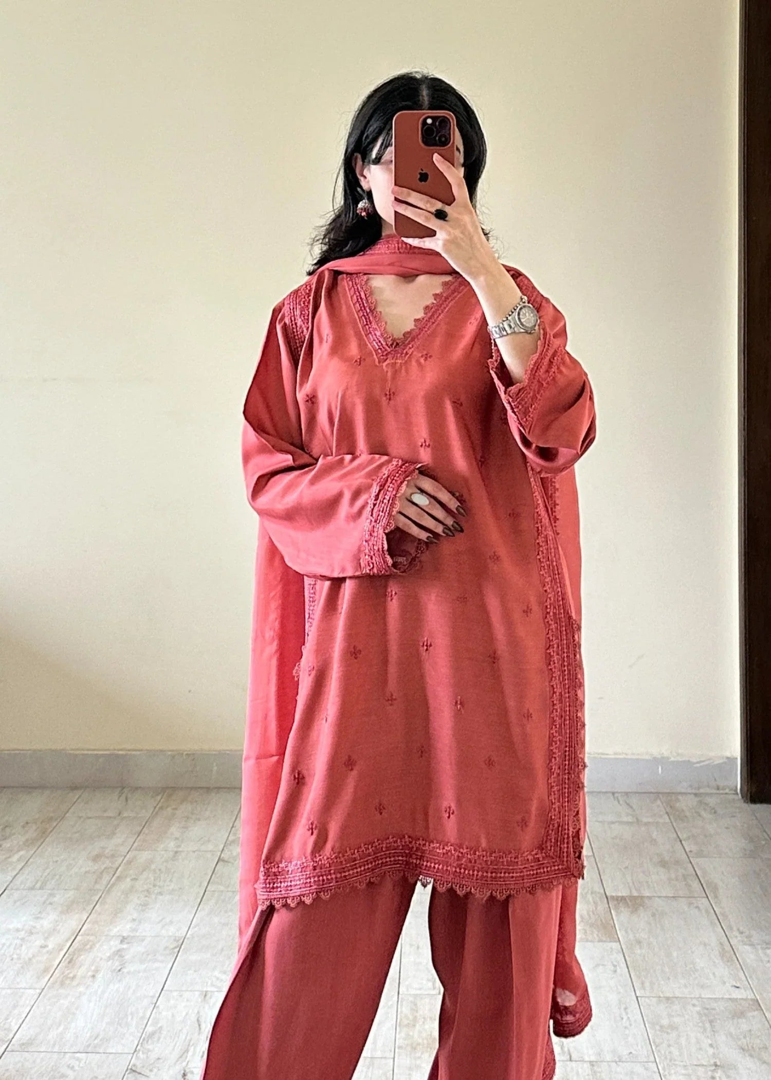 raw silk Kurta Set in Coral pink