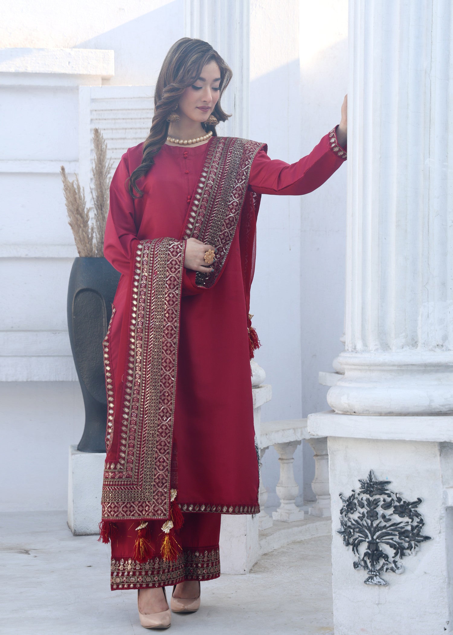 polyester-silk blend Kurta Set in Maroon