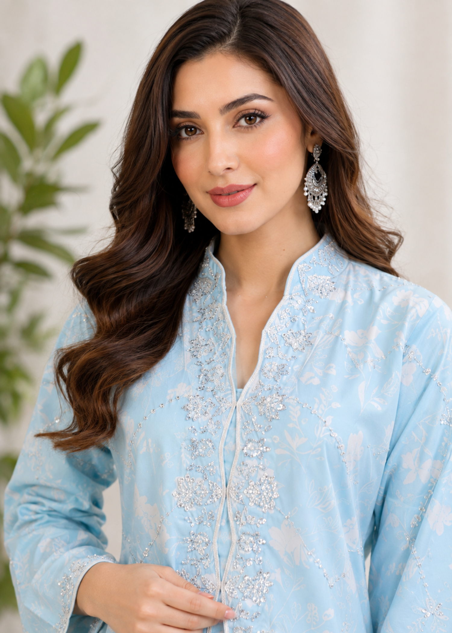 crepe Kurta Set in Sky