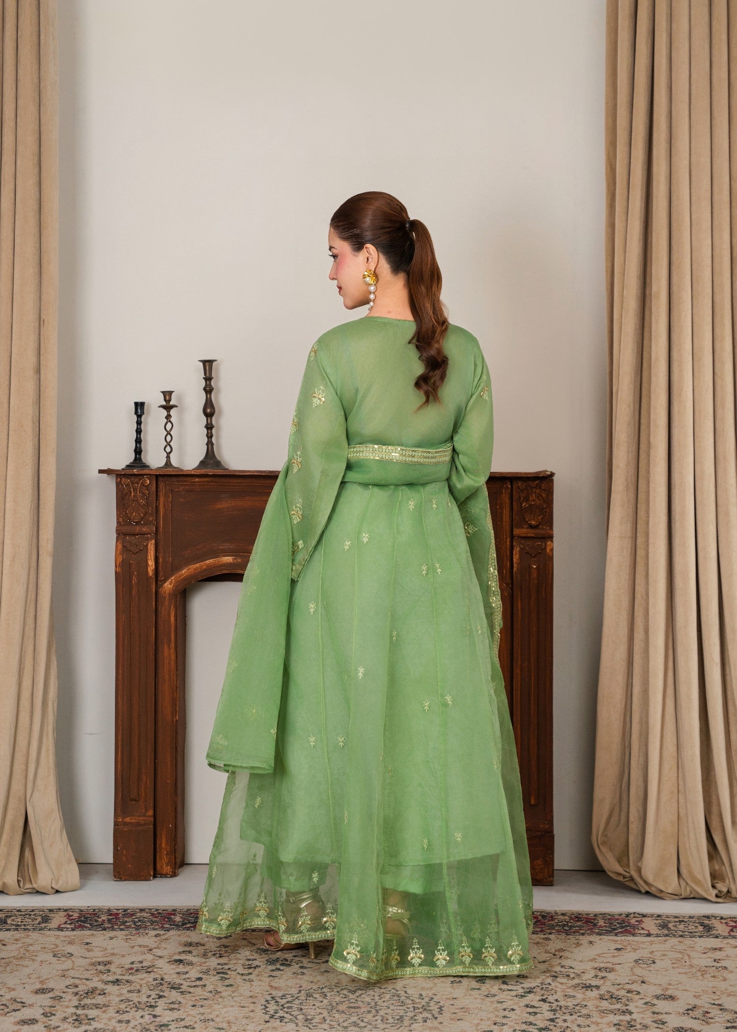 organza Pishwas in Key lime