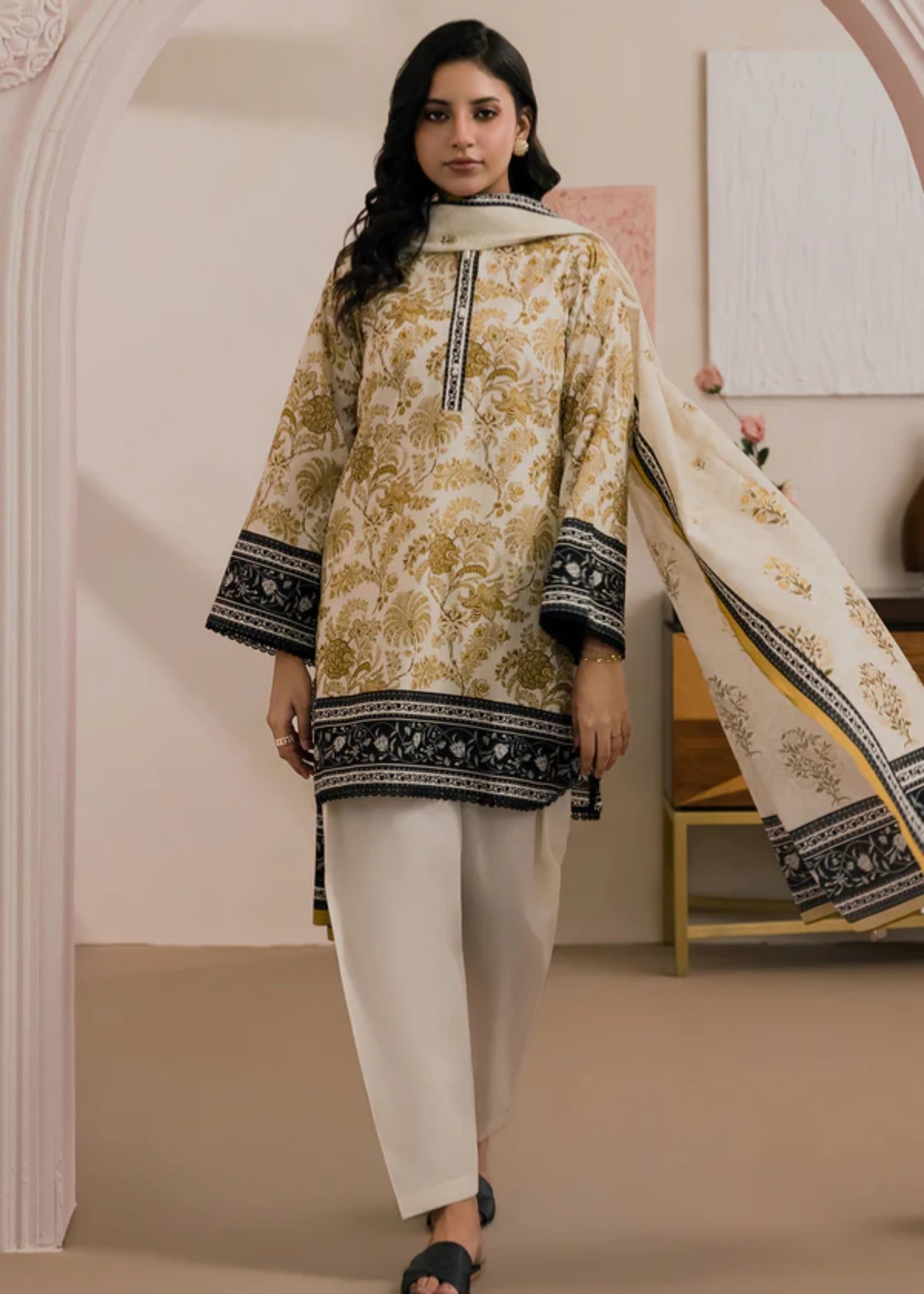 lawn Unstitched in Beige, white