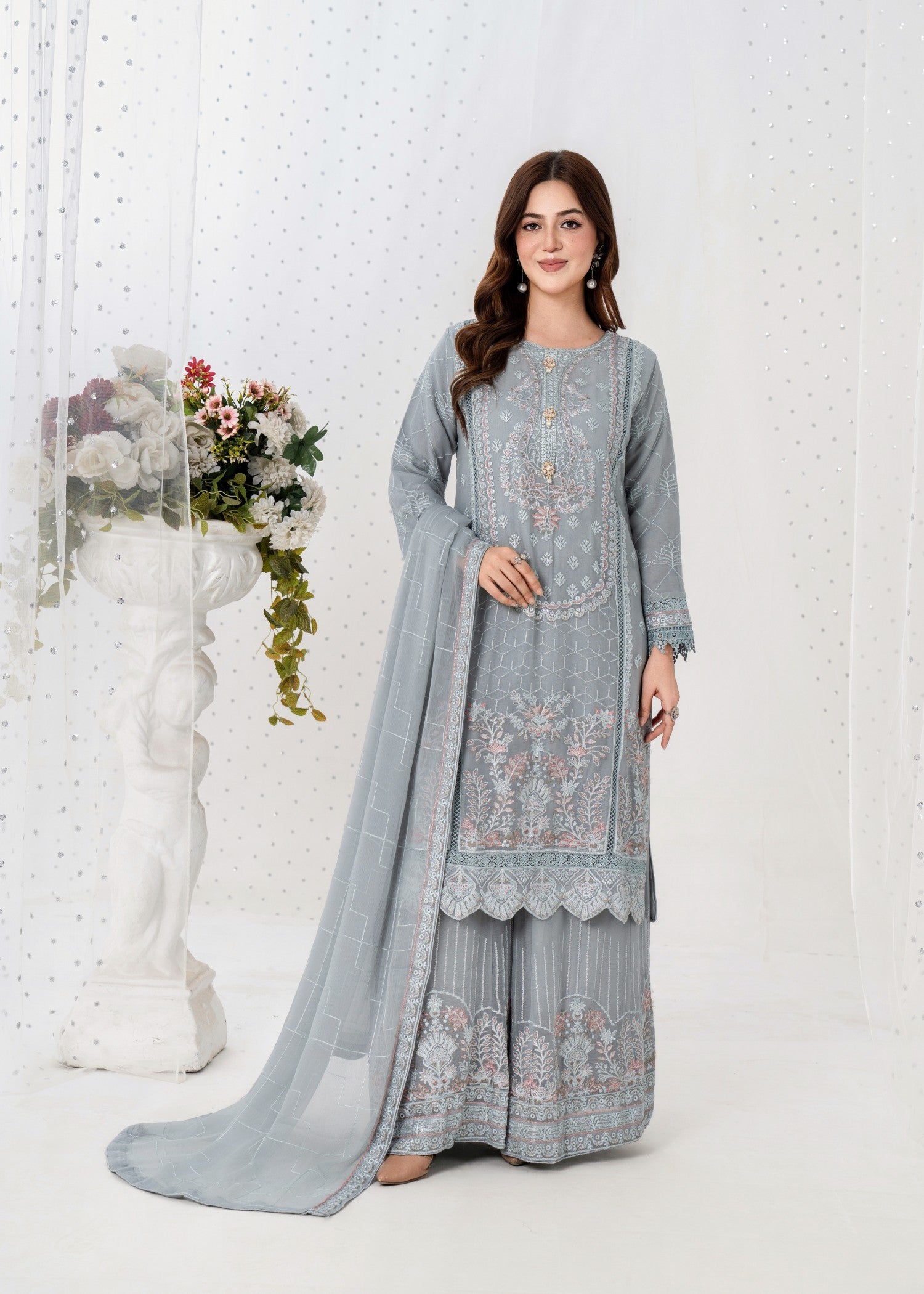 pk crinkle chiffon Kurta Set in Pastel grey