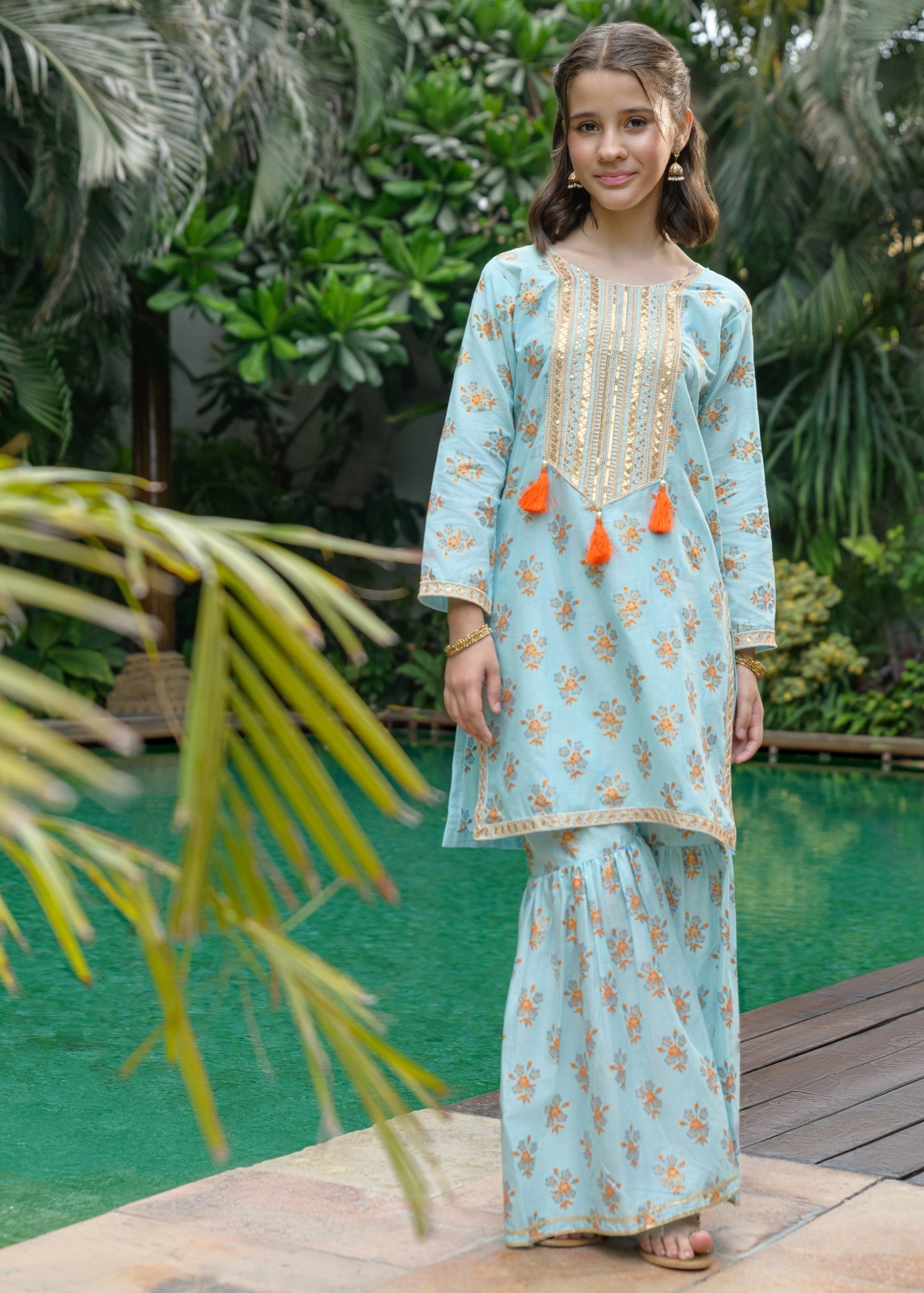 lawn Gharara in Turquoise