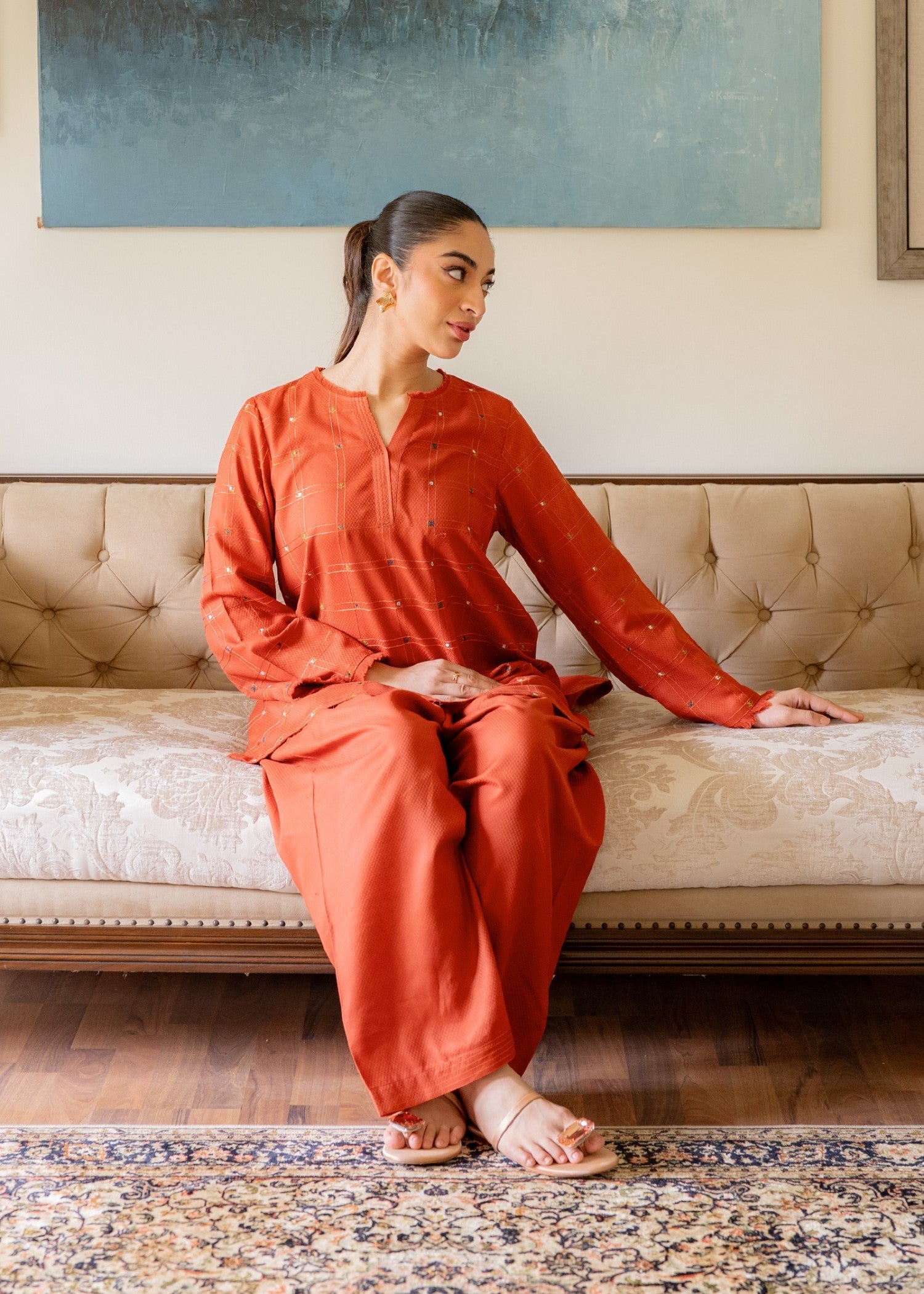 dobby Kurta Set in Pumpkin orange
