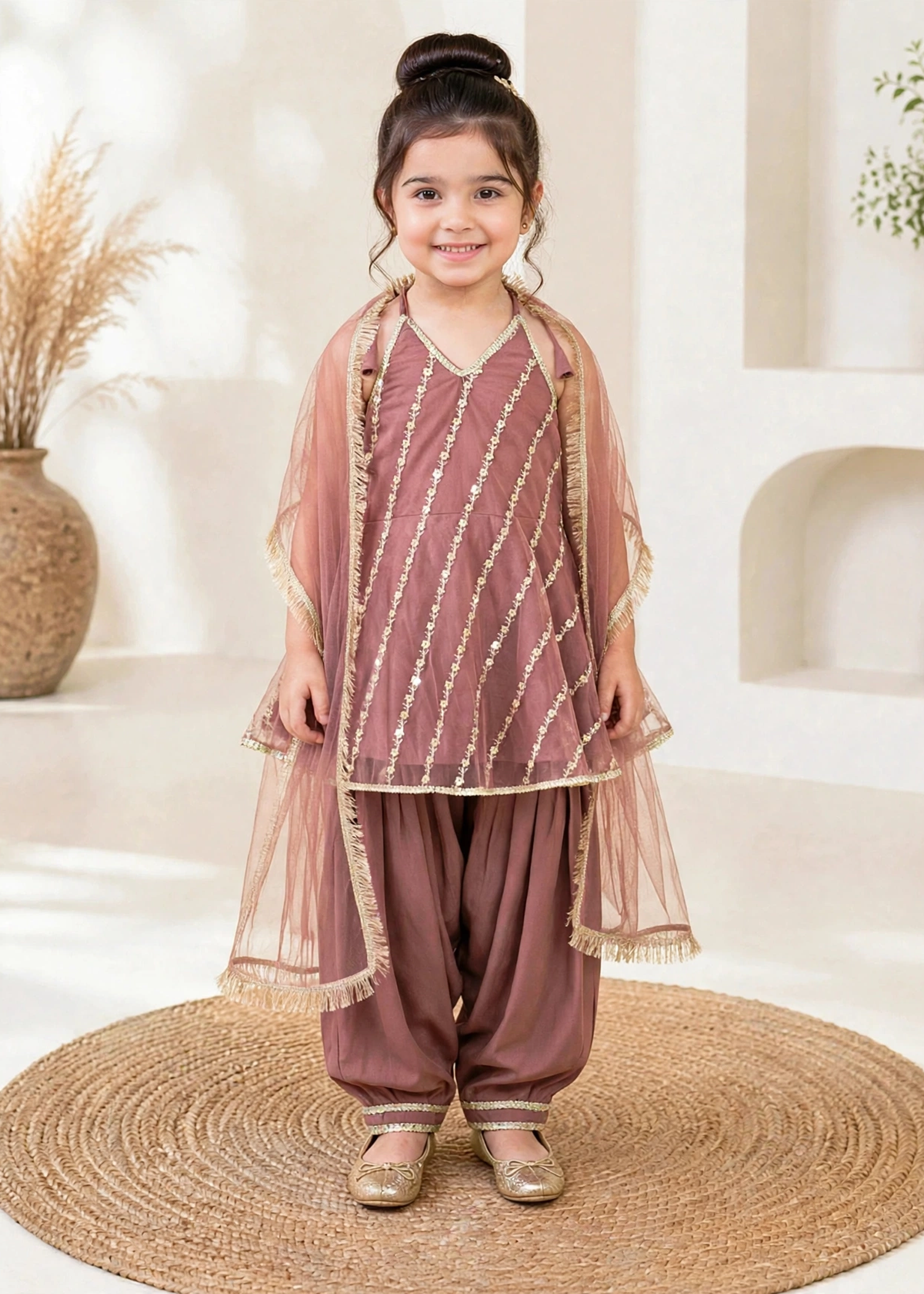 net Short Frock in Indian pink