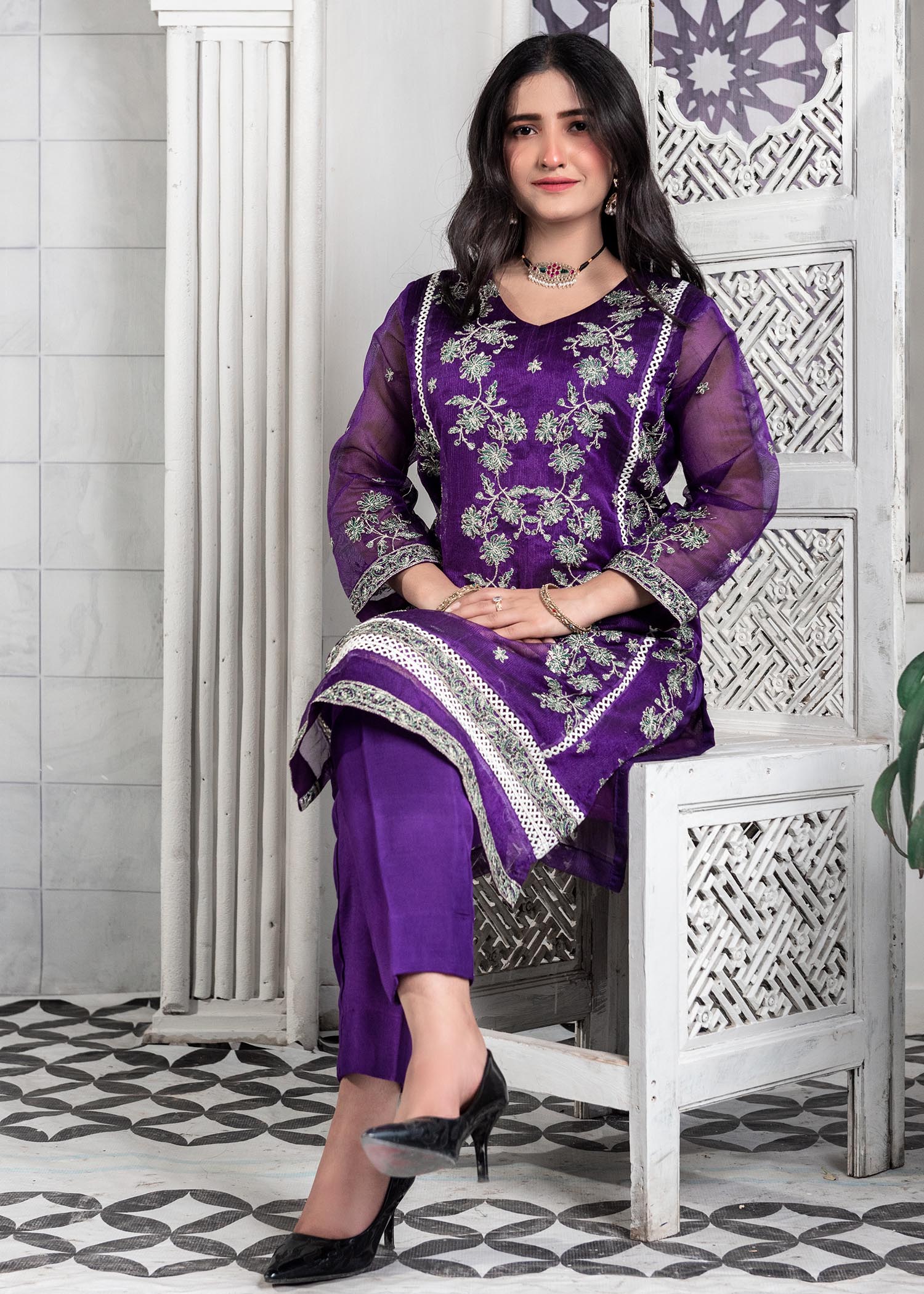 khaddi net shabnam zari Kurta Set in Purple