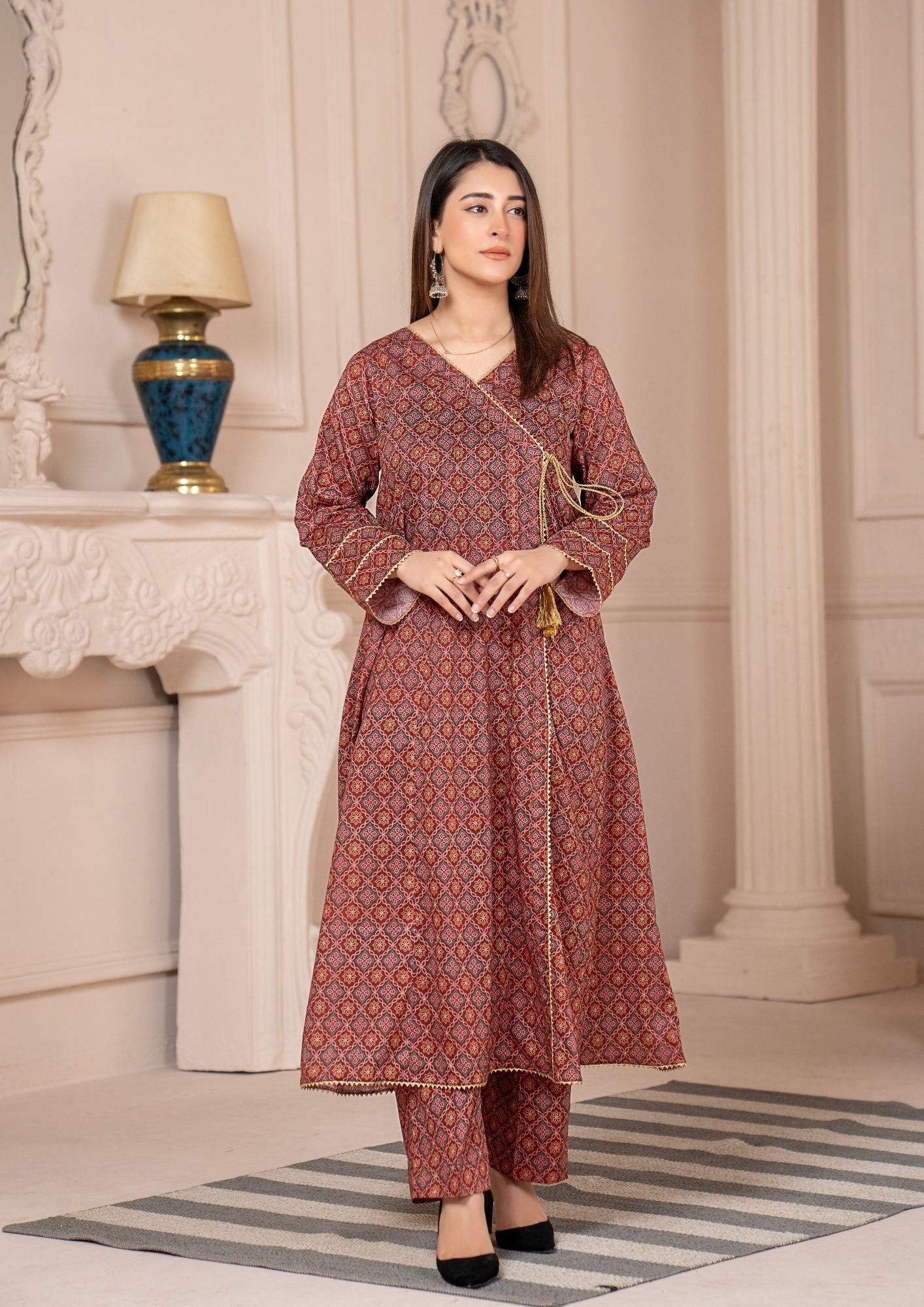 lawn Angrakha in Maroon