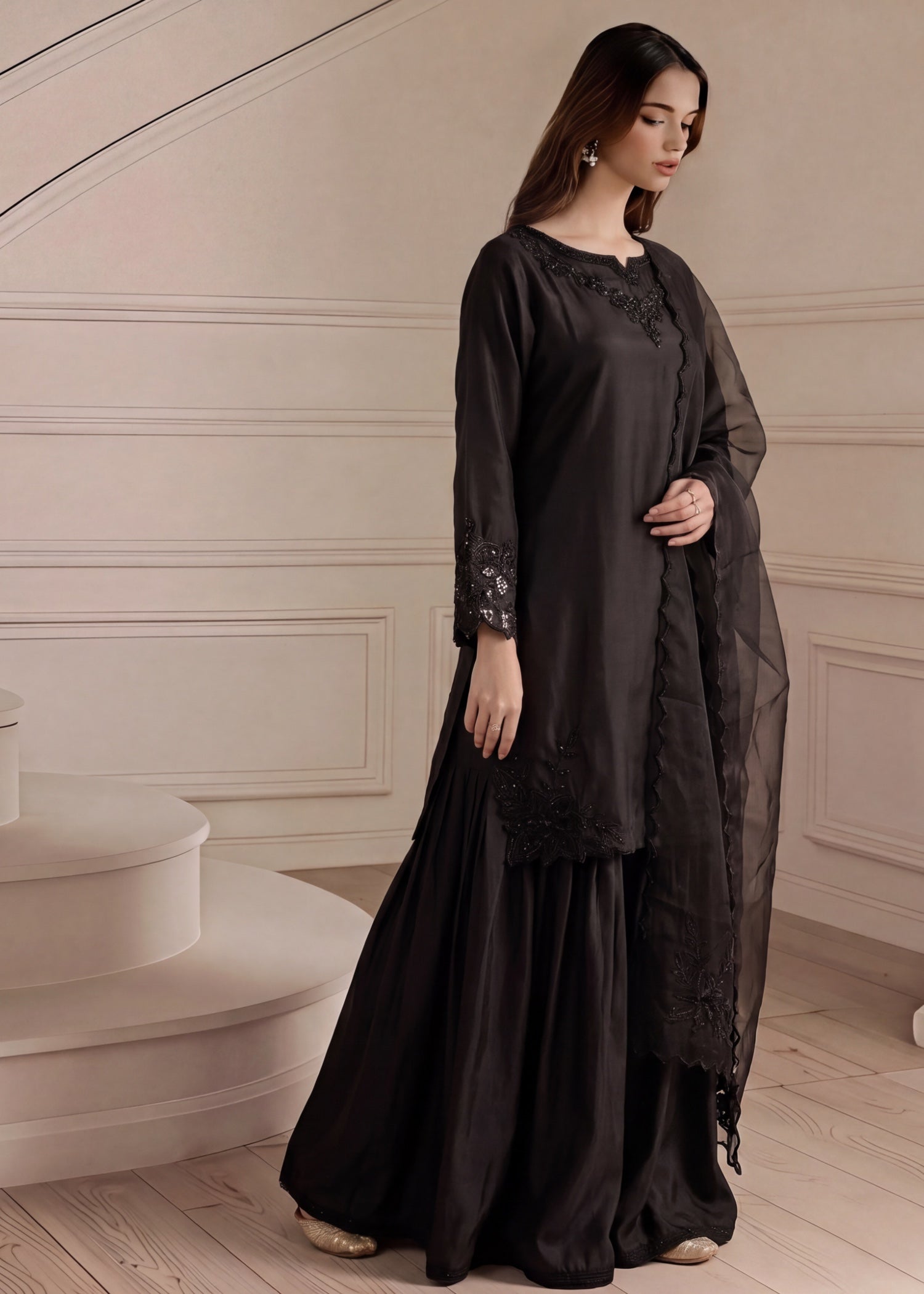 silk Sharara in Black